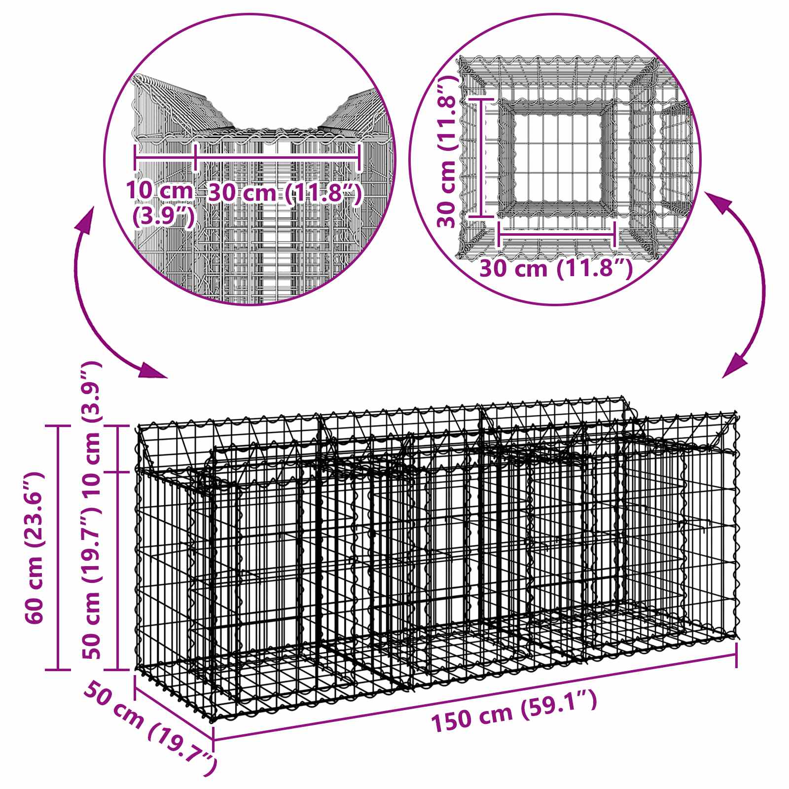 Pat ridicat din gabion Argintiu 150 x 50 x 60 cm GartenMobel Dekor