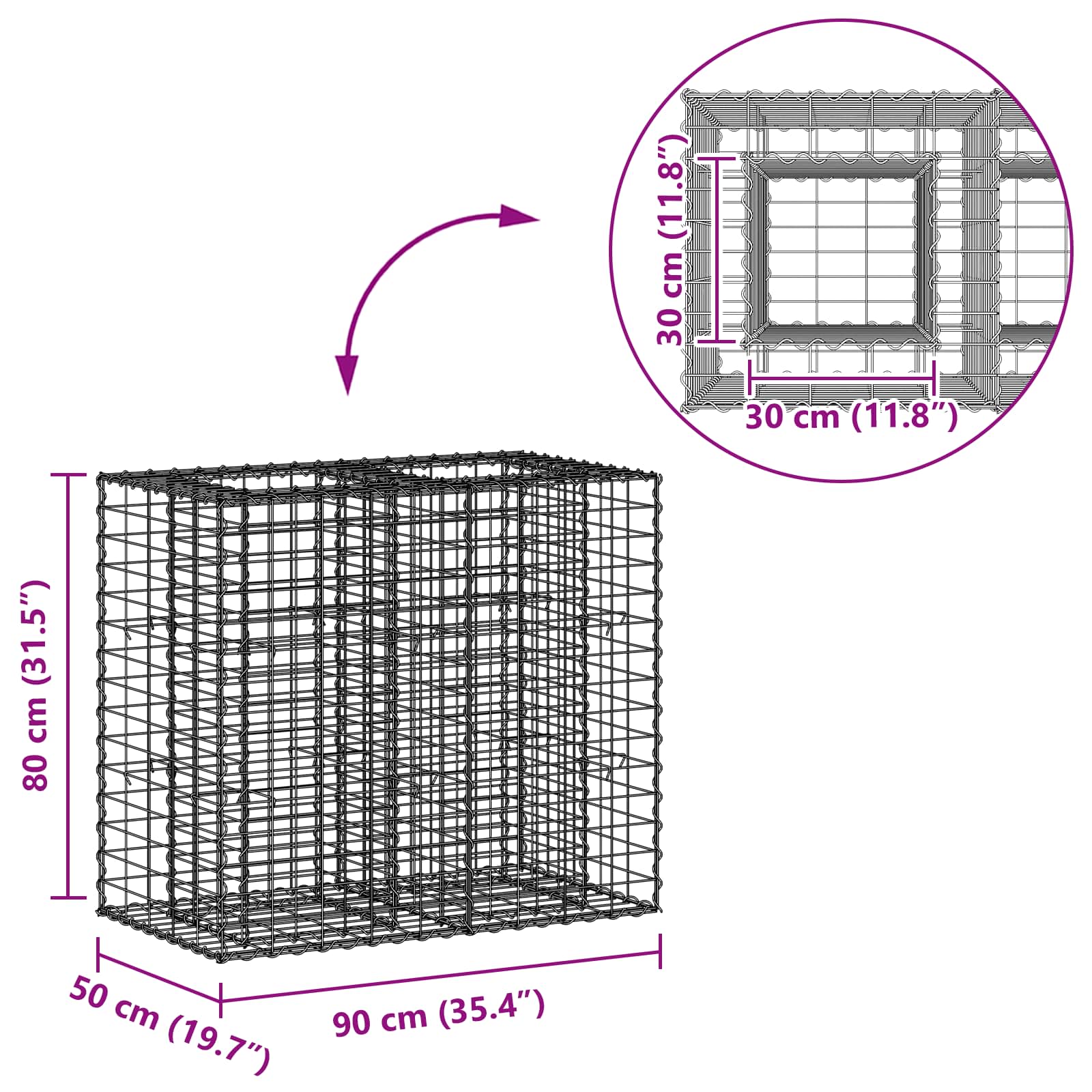 Pat ridicat din gabion Argintiu 90 x 50 x 80 cm Oțel Galvanizat GartenMobel Dekor