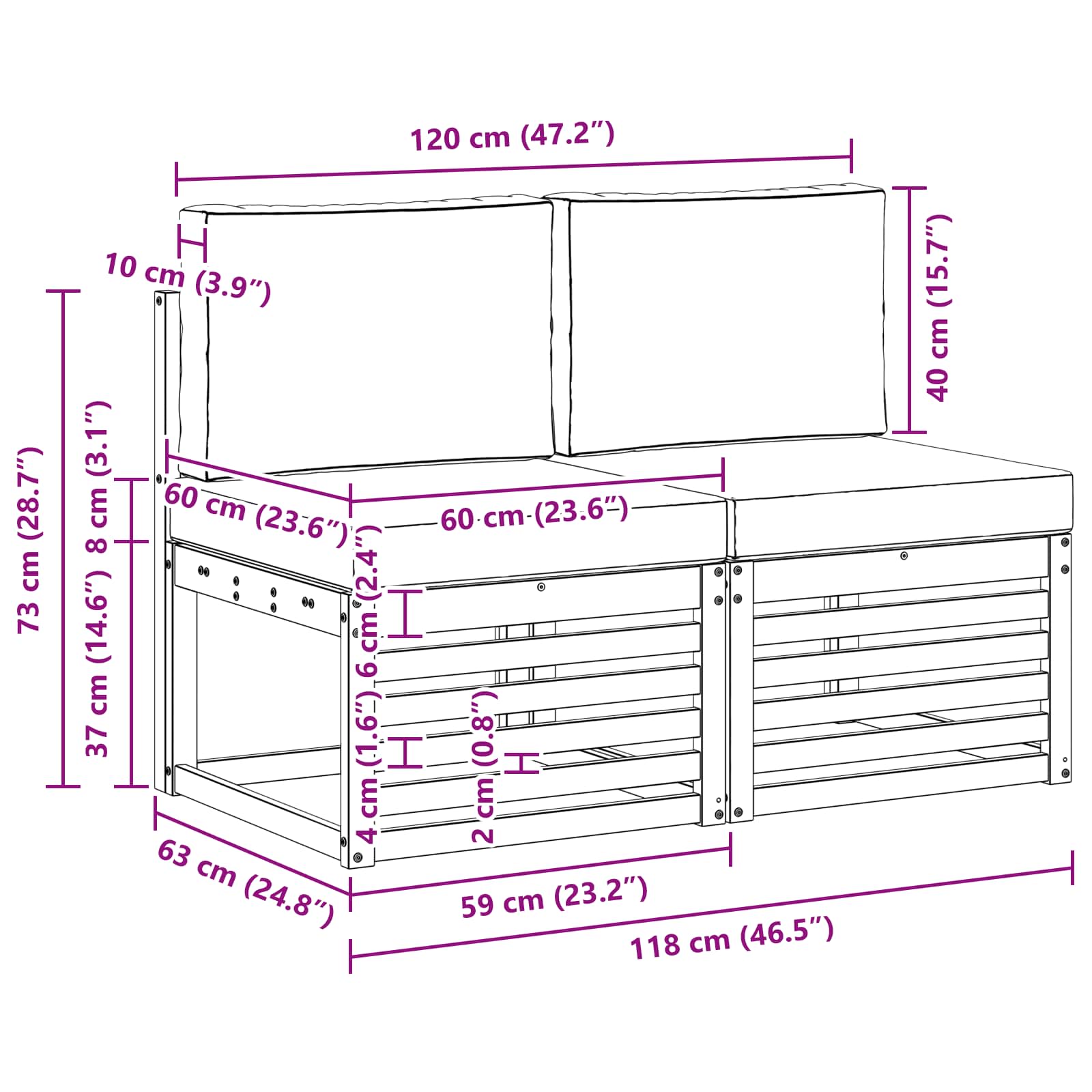 2 Bucată Canapea Medie pentru Exterior Lemn Solid de Acacia GartenMobel Dekor