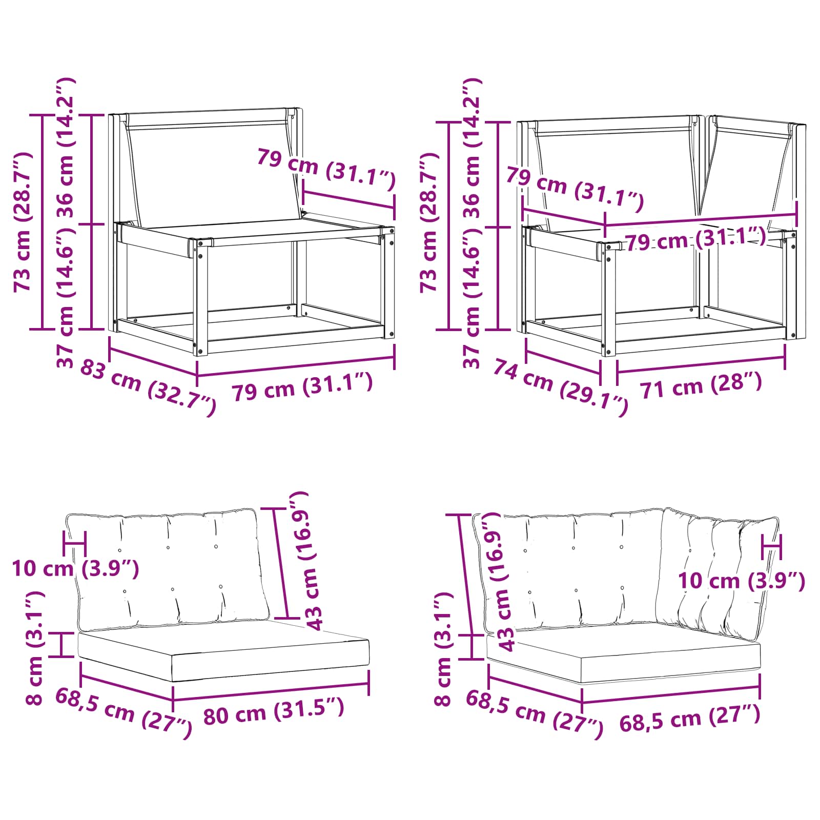 Canapea de exterior din mijloc și colț 7 Bucată natural GartenMobel Dekor