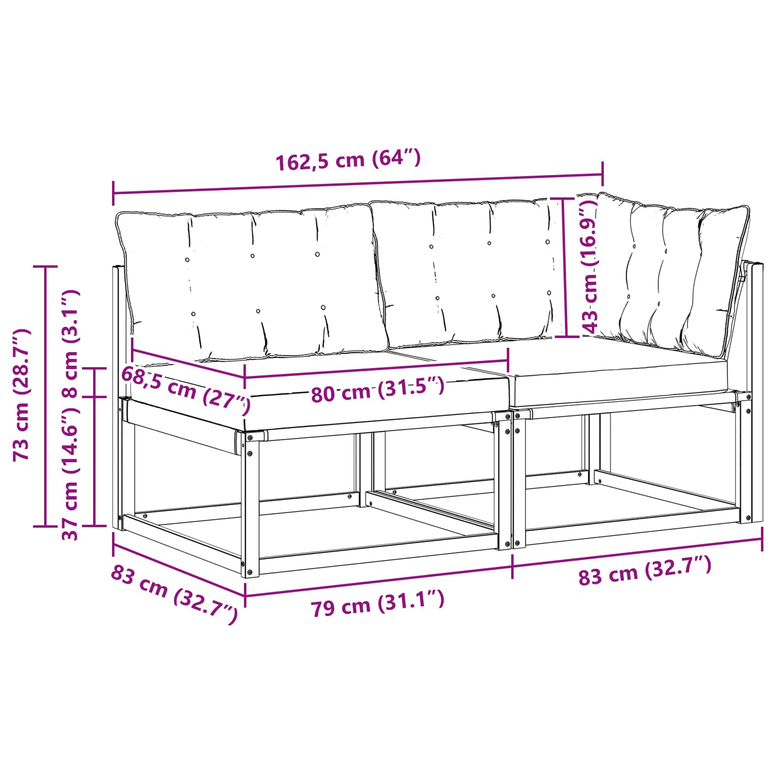 Canapea de exterior din mijloc și colț 7 Bucată natural GartenMobel Dekor
