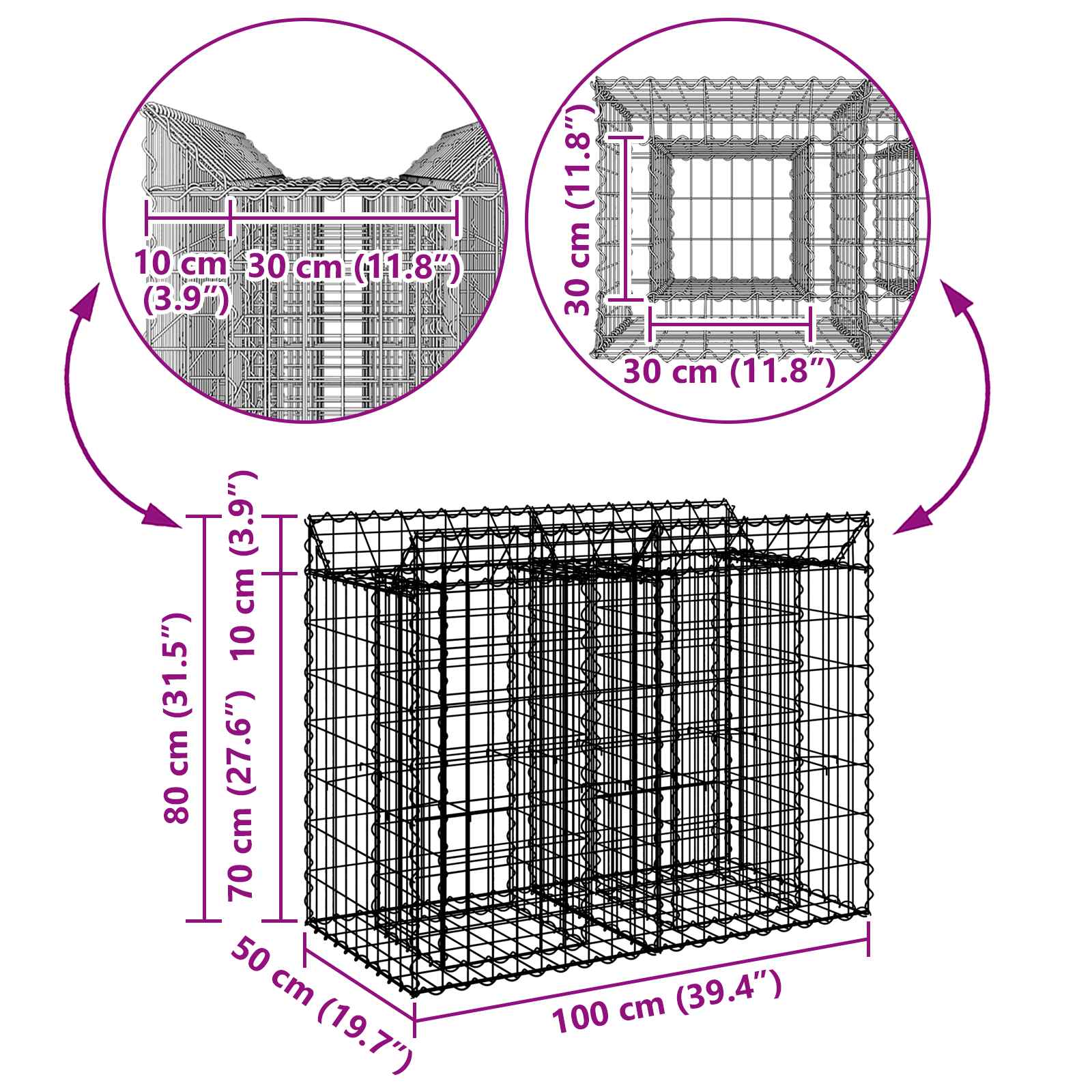 Pat ridicat din gabion Argintiu 100 x 50 x 80 cm GartenMobel Dekor