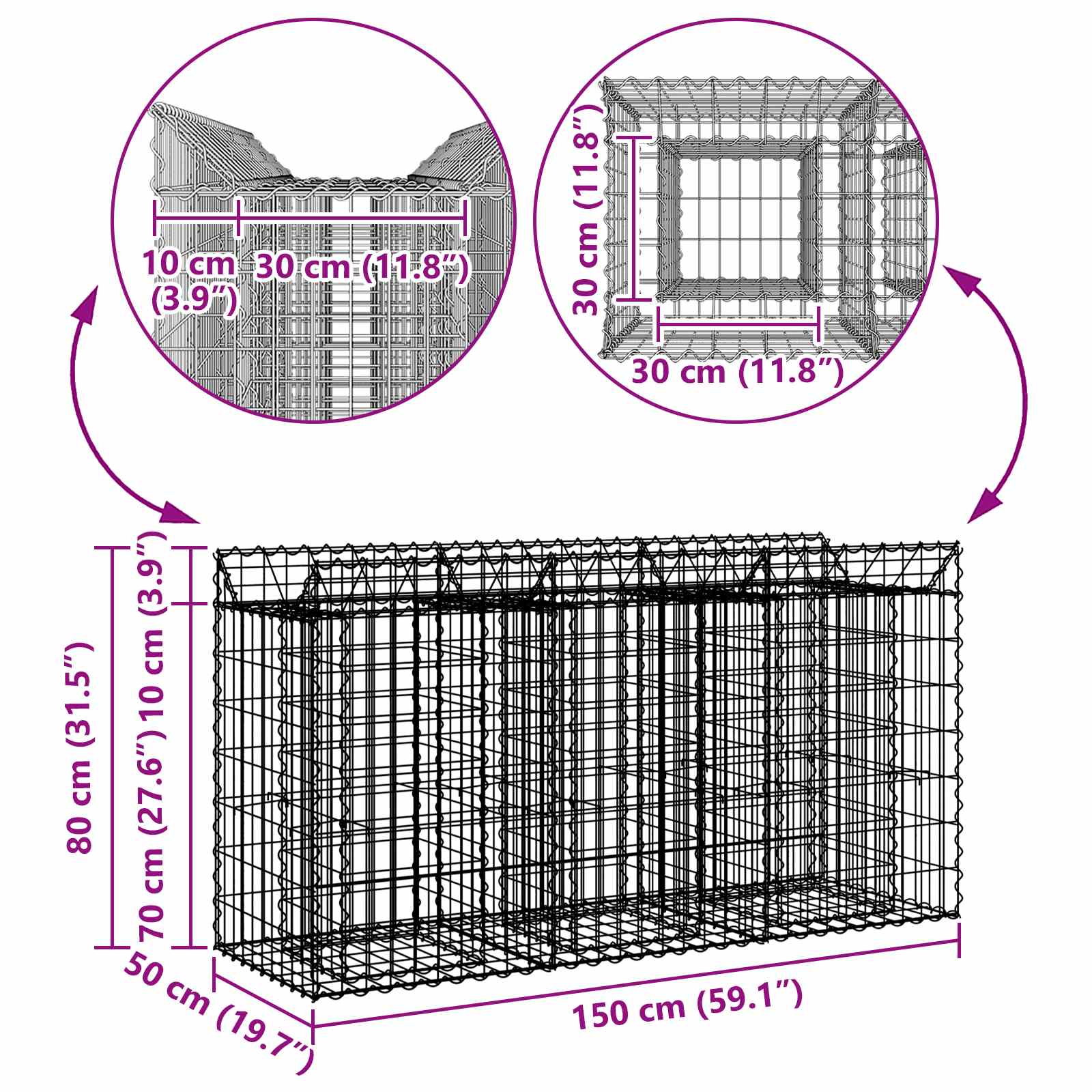 Pat ridicat din gabion Argintiu 150 x 50 x 80 cm GartenMobel Dekor