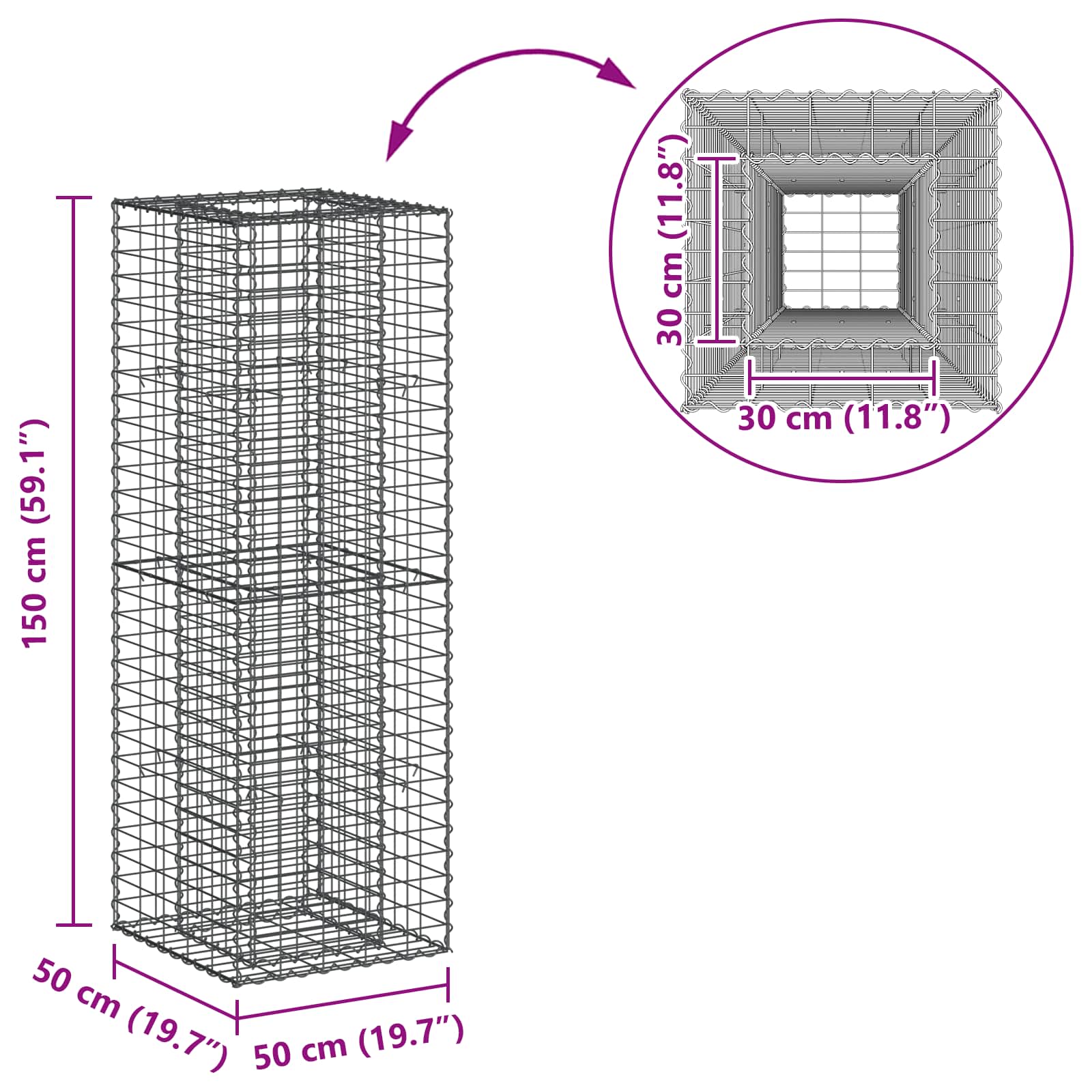 Pat ridicat din gabion Argintiu 50 x 50 x 150 cm GartenMobel Dekor