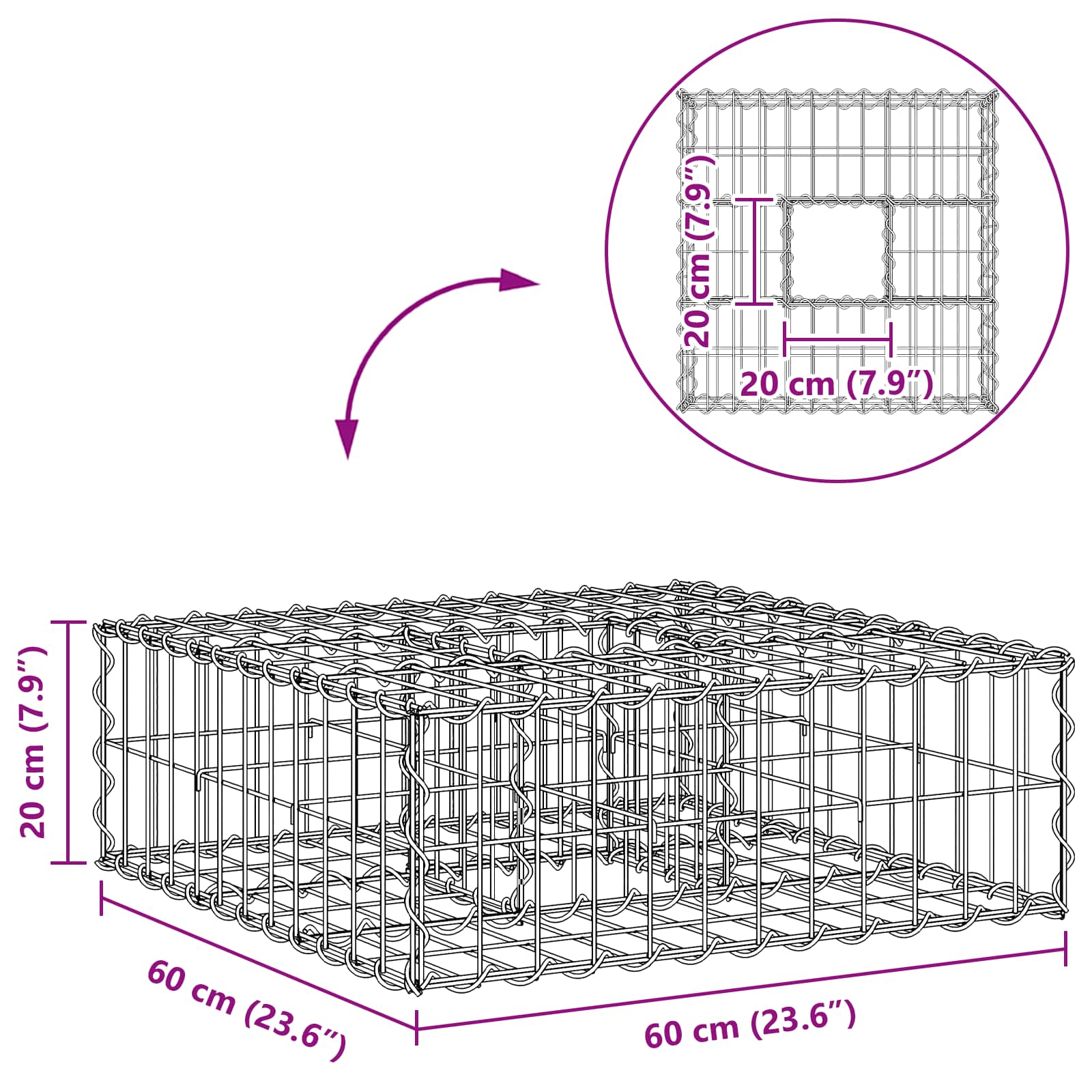 Pat ridicat din gabion Argintiu 60 x 60 x 20 cm Oțel Galvanizat GartenMobel Dekor