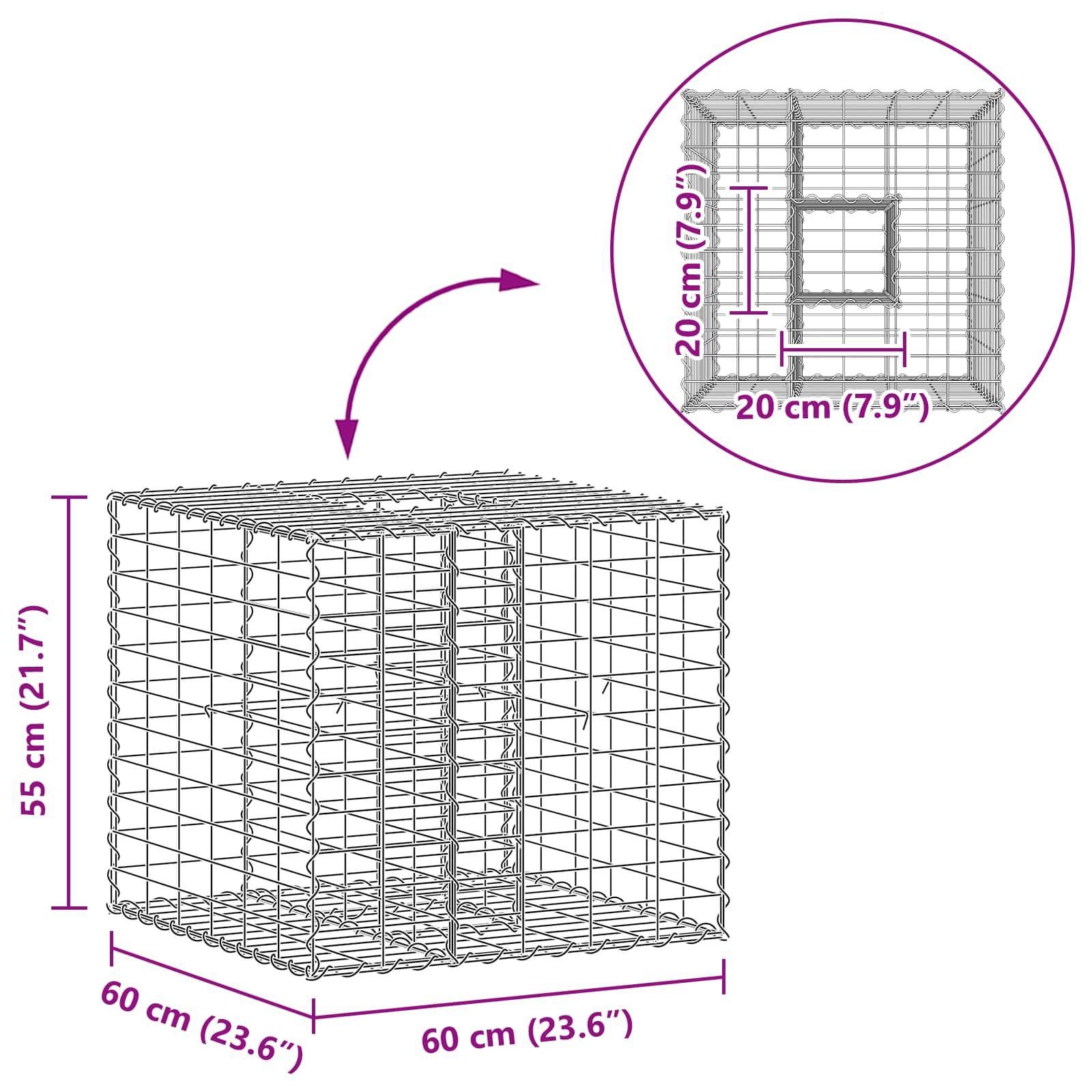 Pat ridicat din gabion Argintiu 60 x 60 x 55 cm Oțel Galvanizat GartenMobel Dekor