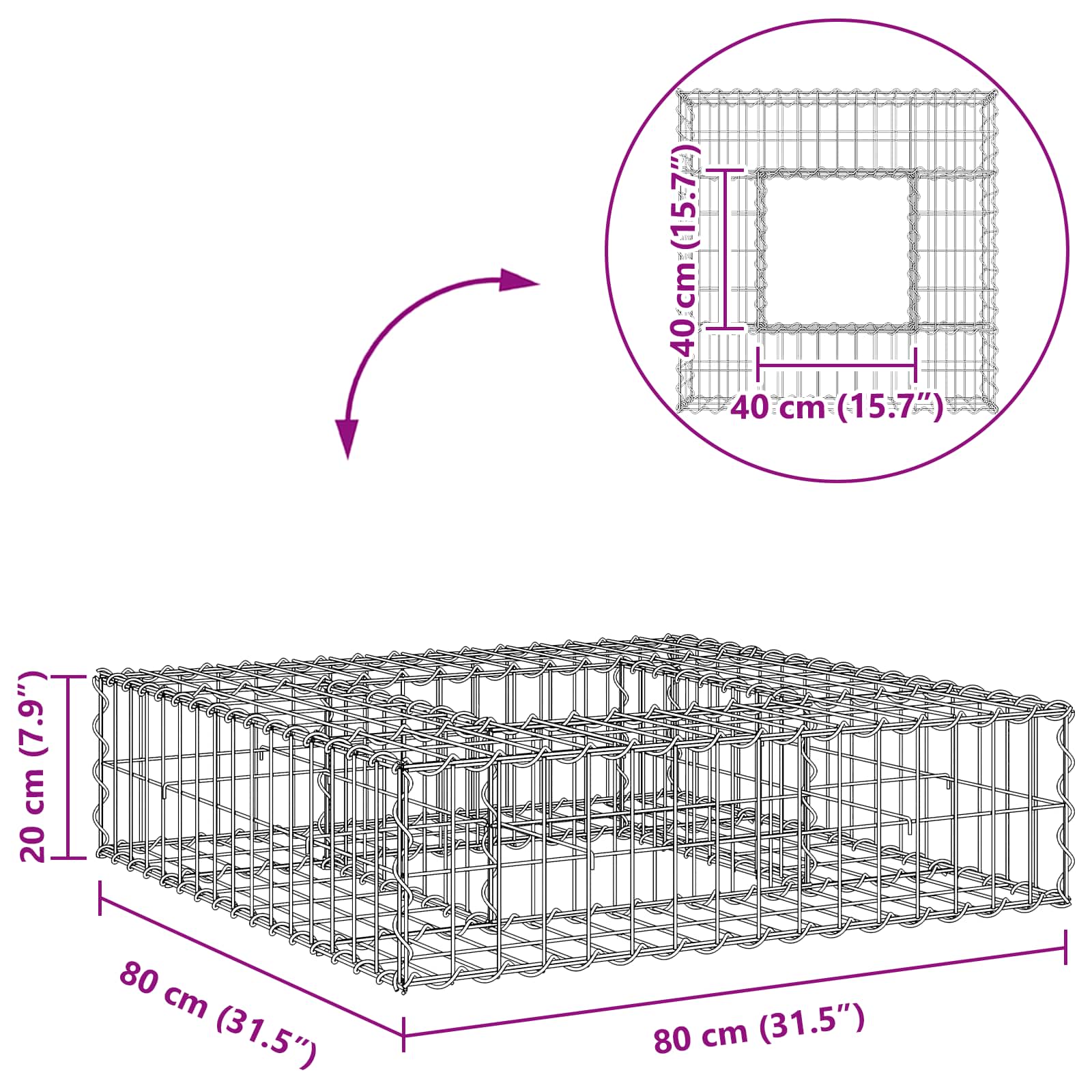 Pat ridicat din gabion Argintiu 80 x 80 x 20 cm Oțel Galvanizat GartenMobel Dekor