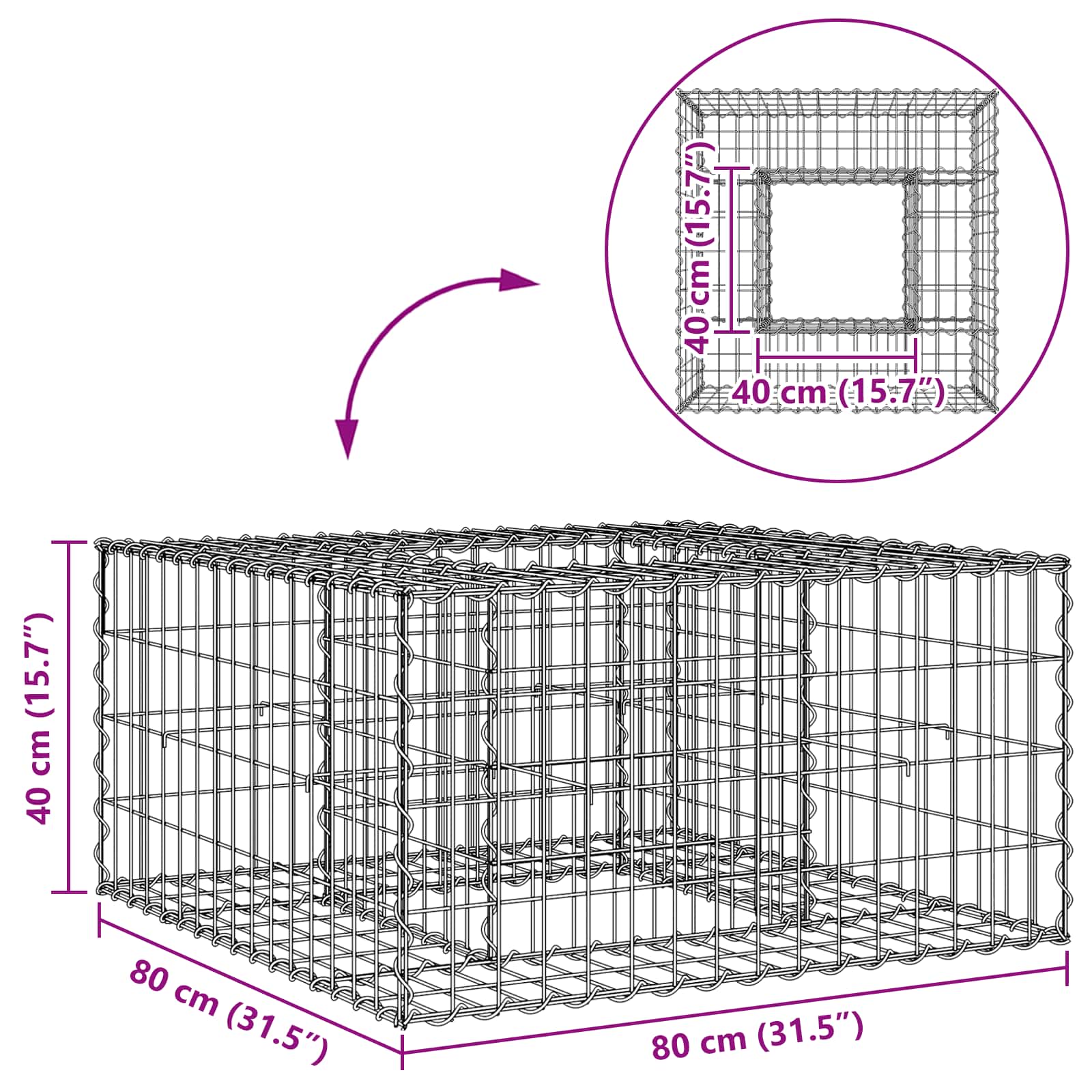 Pat ridicat din gabion Argintiu 80 x 80 x 40 cm Oțel Galvanizat GartenMobel Dekor