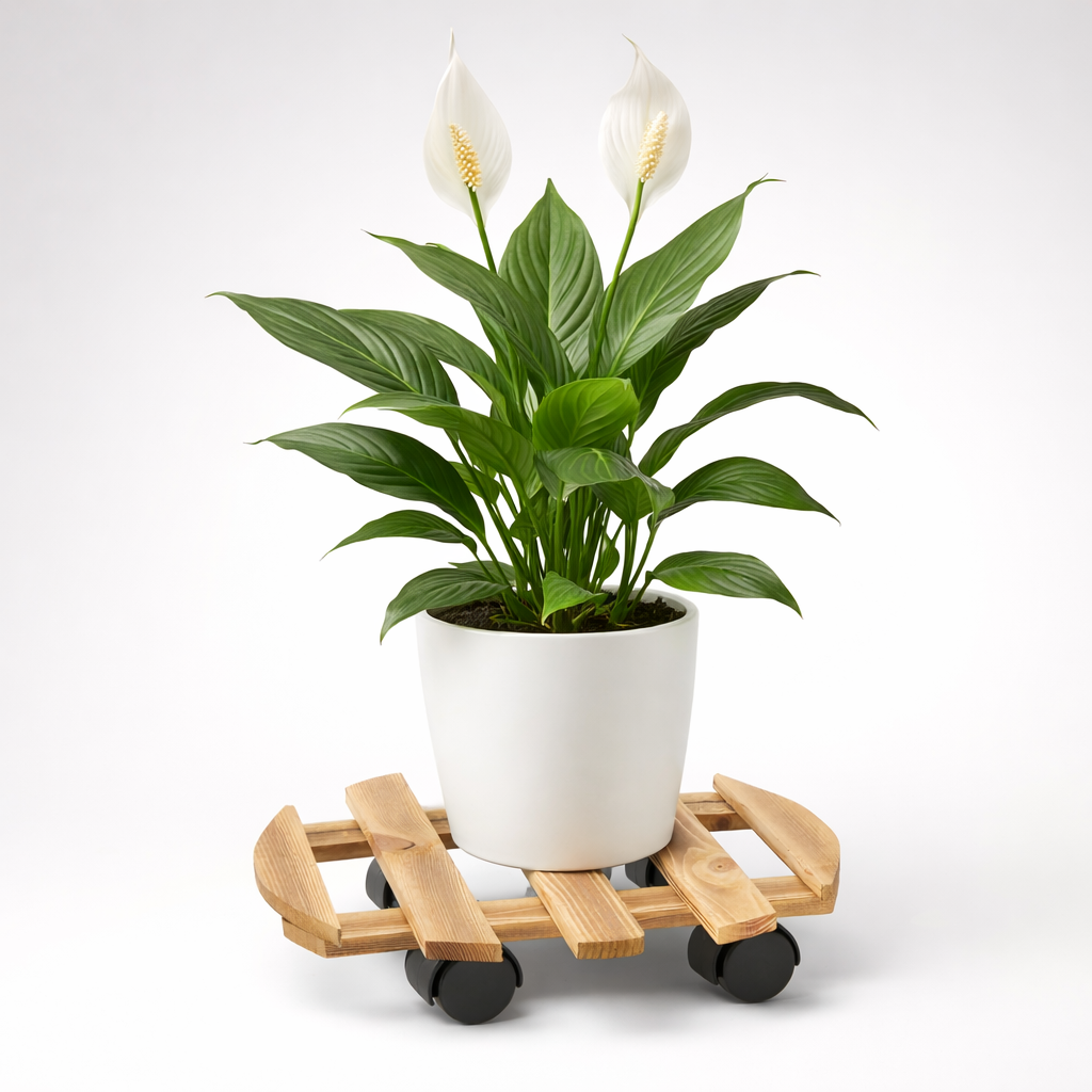 Suport ghiveci cu roti, suport mobil pentru plante, din lemn, diametru 36 cm, maro natur Household NewTrend