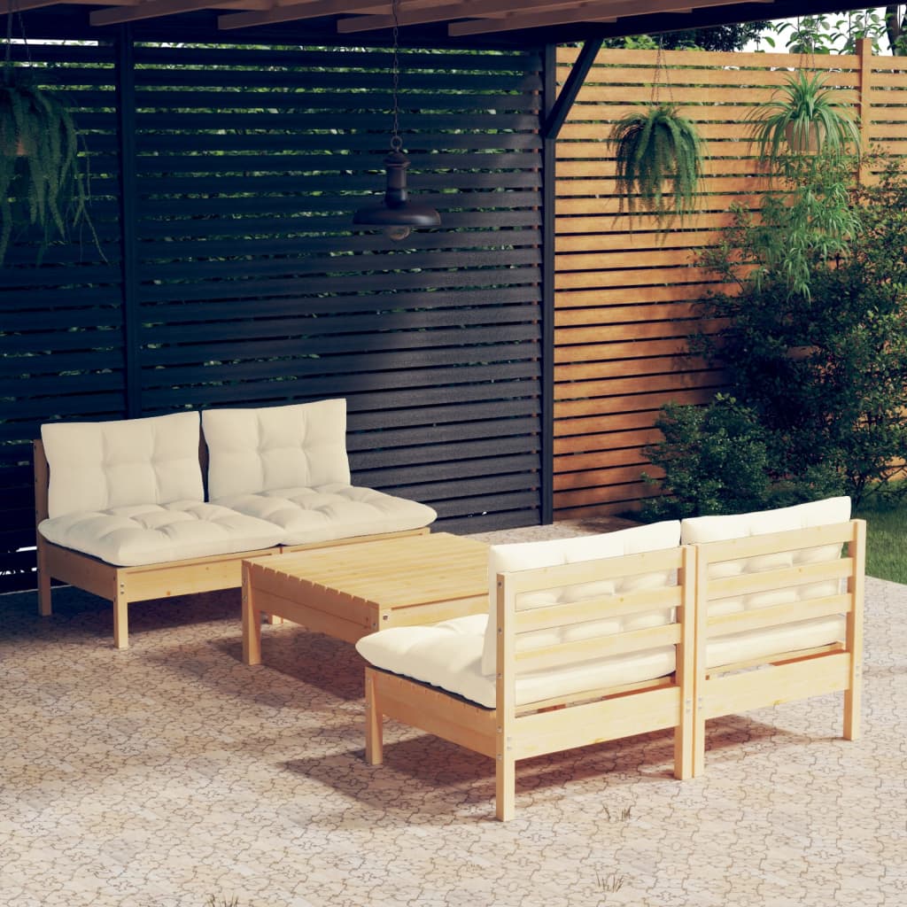 Set mobilier grădină cu perne crem, 5 piese, lemn de pin GartenMobel Dekor