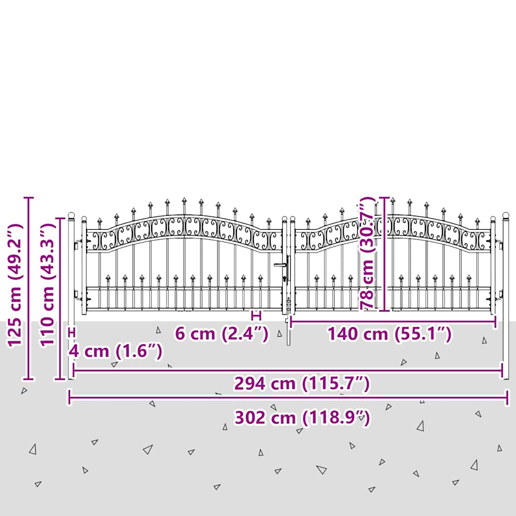 Poartă de gard Kampen cu vârf tip suliță, negru, 302x78 cm, oțel GartenMobel Dekor
