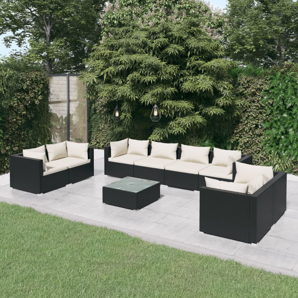Set mobilier de grădină cu perne, 9 piese, negru, poliratan GartenMobel Dekor