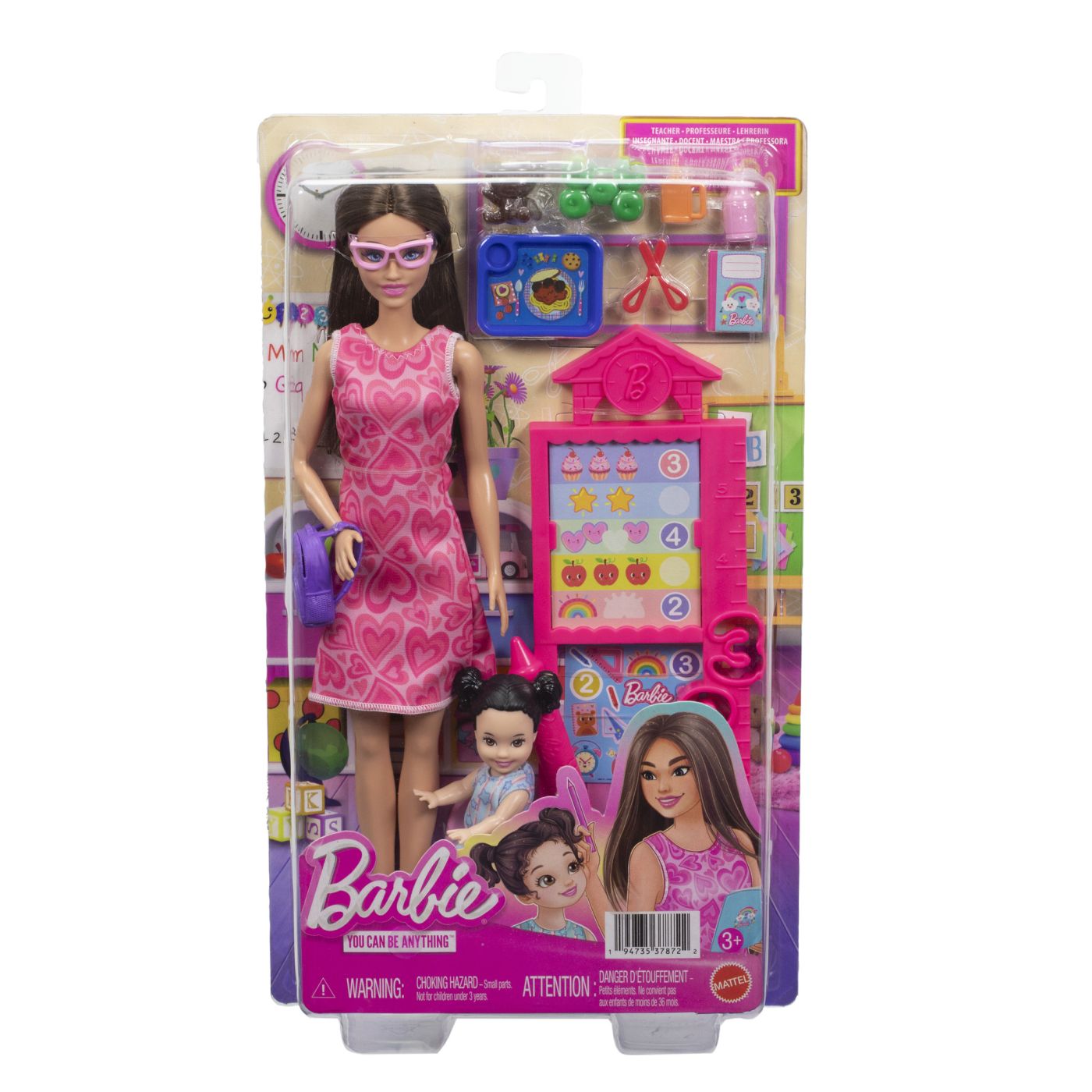 BARBIE SET DE JOACA PAPUSA BARBIE BRUNETA CU ROCHIE ROZ FACE CARIERA PROFESOARA SuperHeroes ToysZone