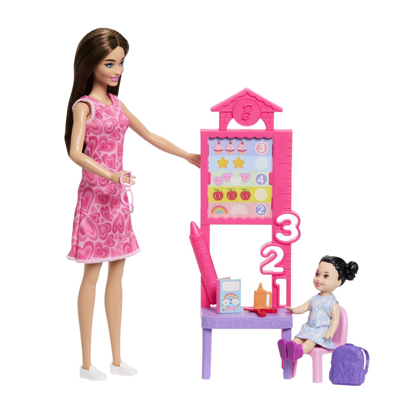 BARBIE SET DE JOACA PAPUSA BARBIE BRUNETA CU ROCHIE ROZ FACE CARIERA PROFESOARA SuperHeroes ToysZone