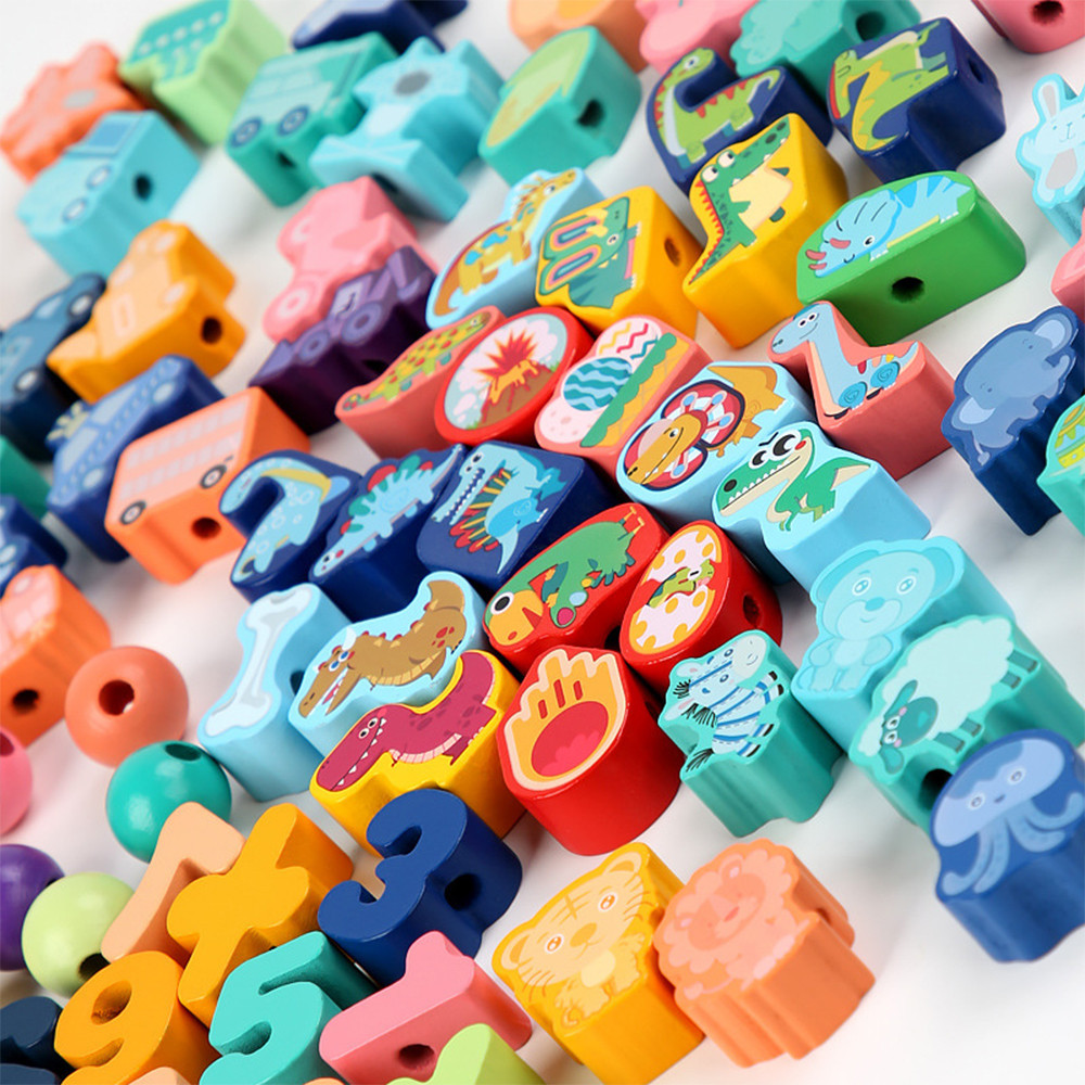 Jucărie educativă din lemn Leziter cu forme, numere și șnuruit, 138 piese