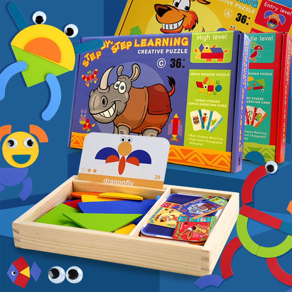 Tangram magnetic din lemn cu carduri in limba engleza, nivel avansat