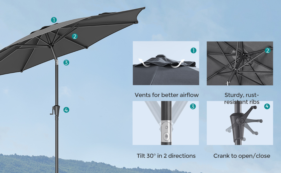 SONGMICS Umbrela de gradina, cu manivela pentru deschidere, sistem inclinare, 300cm, gri Household NewTrend