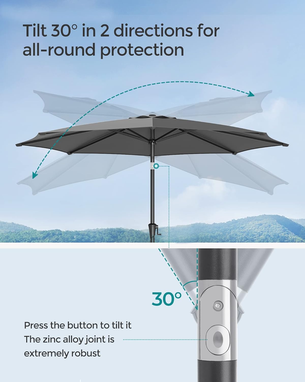 SONGMICS Umbrela de gradina, cu manivela pentru deschidere, sistem inclinare, 300cm, gri Household NewTrend