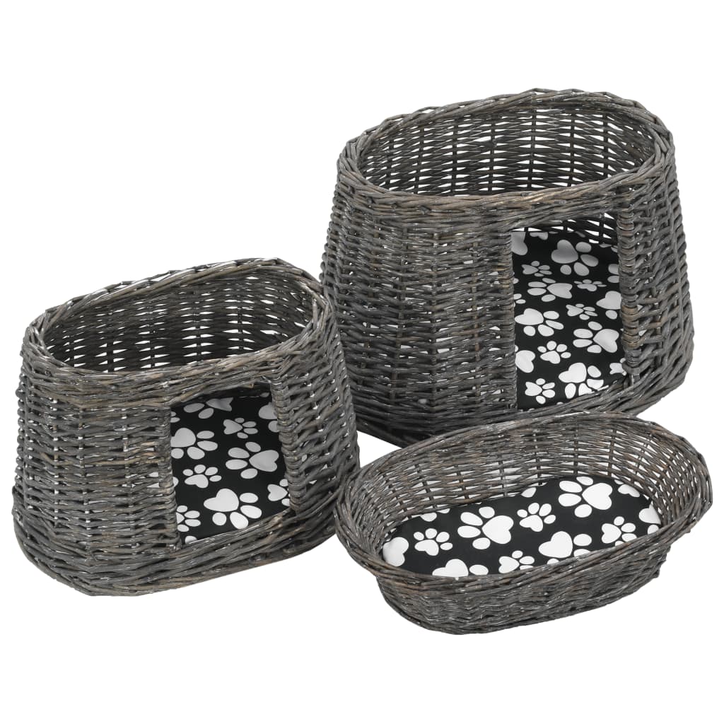 Set coșuri pisici, perne, 3 piese, gri, 47x34x60 cm, răchită GartenMobel Dekor
