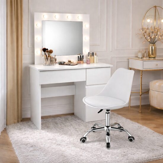 Masa de toaleta/machiaj, Irina + scaun Alba, alb, cu oglinda si LED-uri, 94x43x141 cm GartenVIP DiyLine