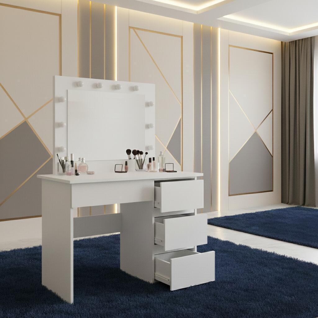 Masa de toaleta/machiaj, Irina + scaun Alba, alb, cu oglinda si LED-uri, 94x43x141 cm GartenVIP DiyLine