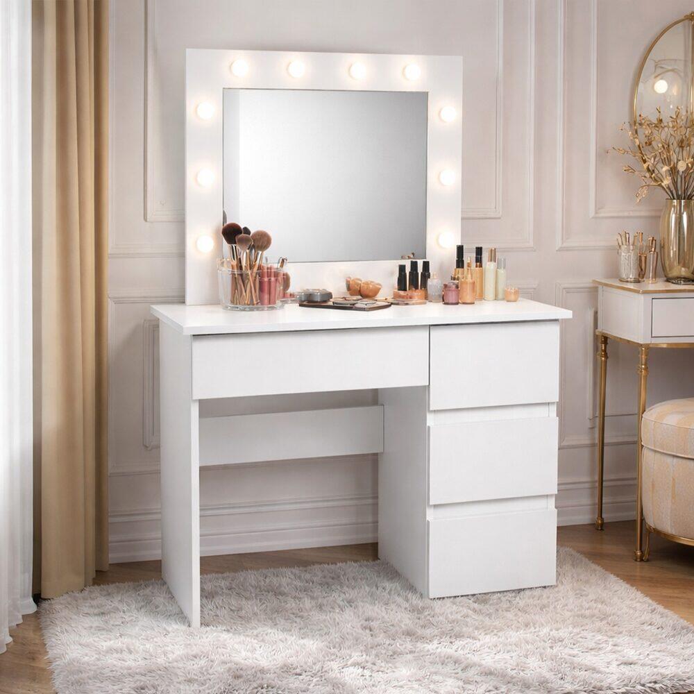 Masa de toaleta/machiaj, Irina + scaun Alba, alb, cu oglinda si LED-uri, 94x43x141 cm GartenVIP DiyLine