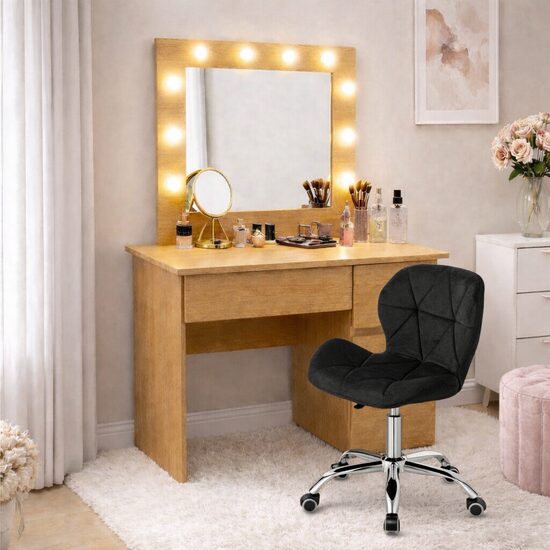 Masa de toaleta/machiaj, Irina, stejar + scaun Avola, negru, cu oglinda si LED-uri, 94x43x141 cm GartenVIP DiyLine