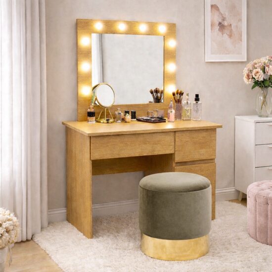Masa de toaleta/machiaj, Irina, stejar + taburet, bej, cu oglinda si LED-uri, 94x43x141 cm GartenVIP DiyLine