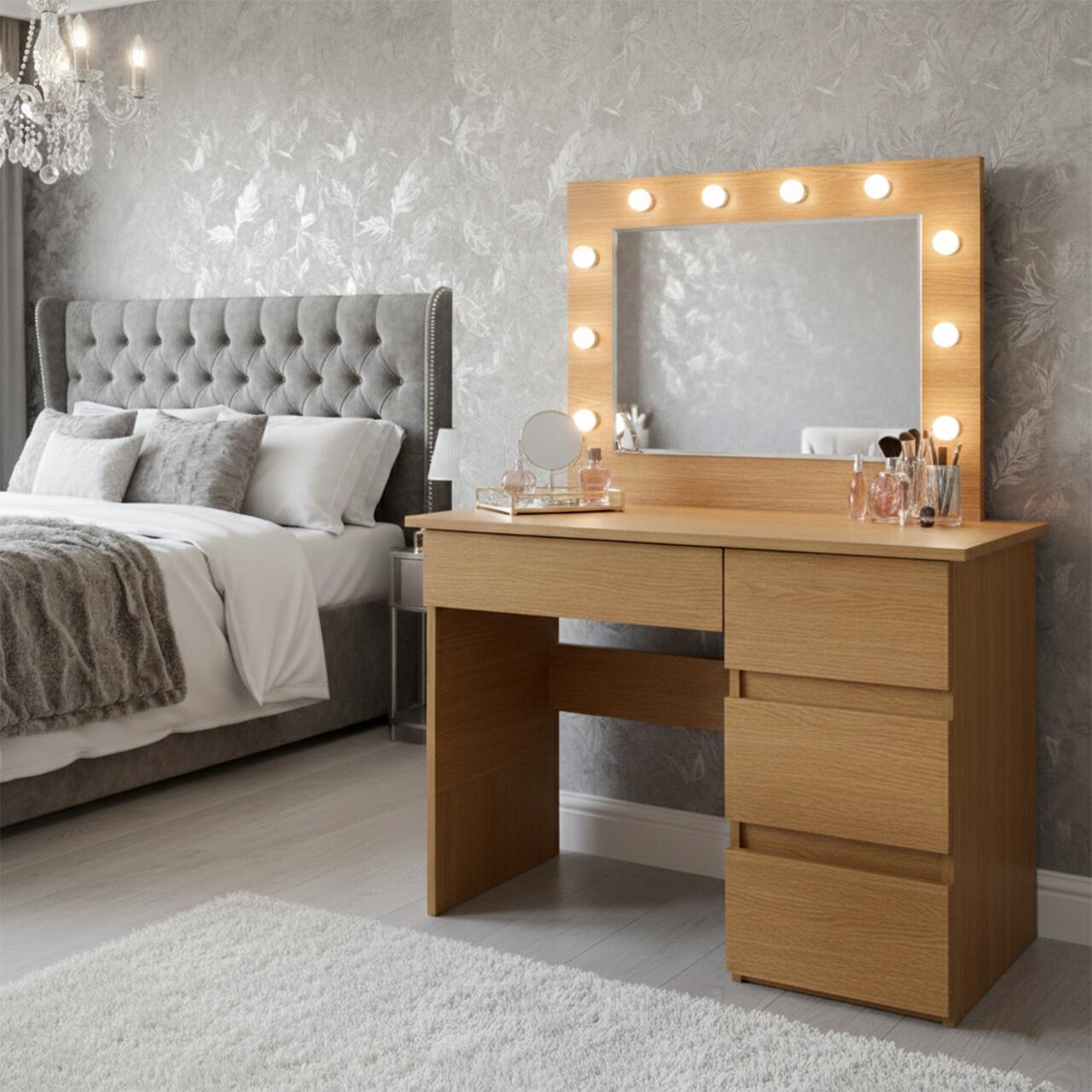 Masa de toaleta/machiaj, Irina, stejar + taburet, bej, cu oglinda si LED-uri, 94x43x141 cm GartenVIP DiyLine