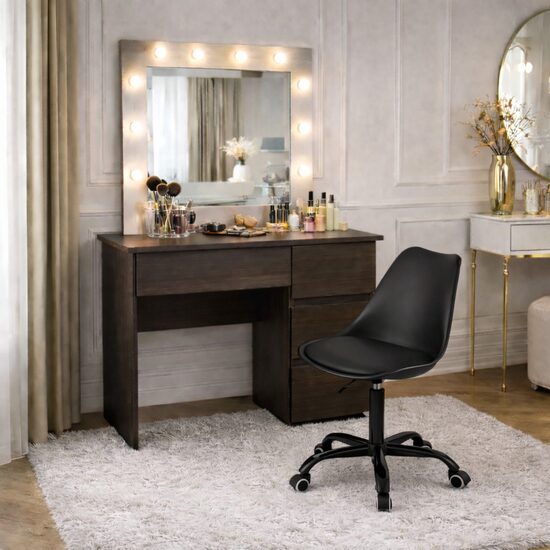 Masa de toaleta/machiaj, Irina, wenge + scaun Andria, negru, cu oglinda si LED-uri, 94x43x141 cm GartenVIP DiyLine