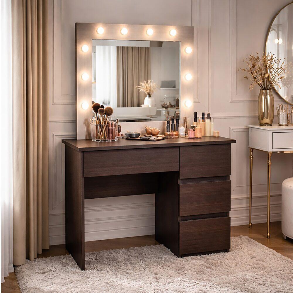 Masa de toaleta/machiaj, Irina, wenge + scaun Andria, negru, cu oglinda si LED-uri, 94x43x141 cm GartenVIP DiyLine