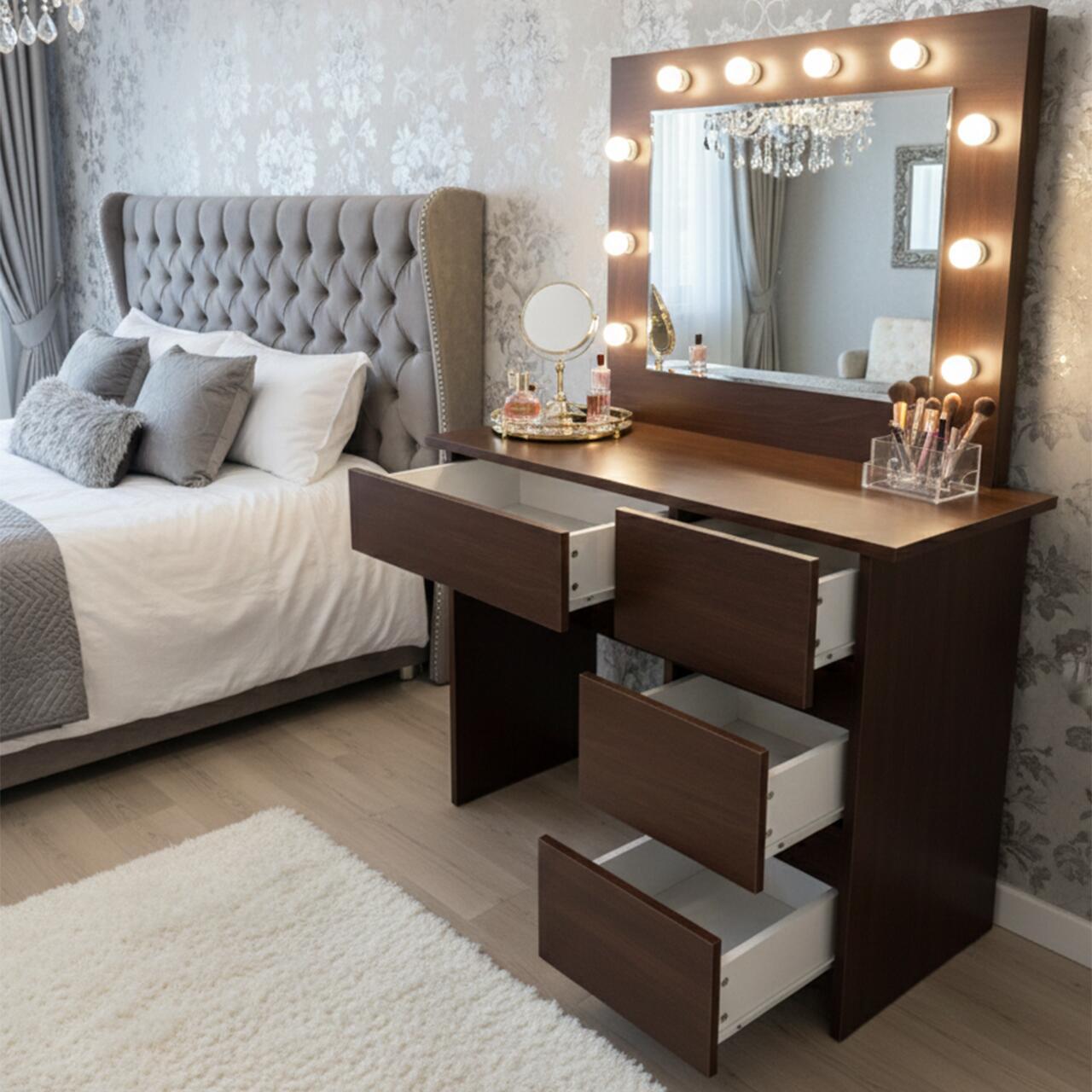 Masa de toaleta/machiaj, Irina, wenge + scaun Andria, negru, cu oglinda si LED-uri, 94x43x141 cm GartenVIP DiyLine