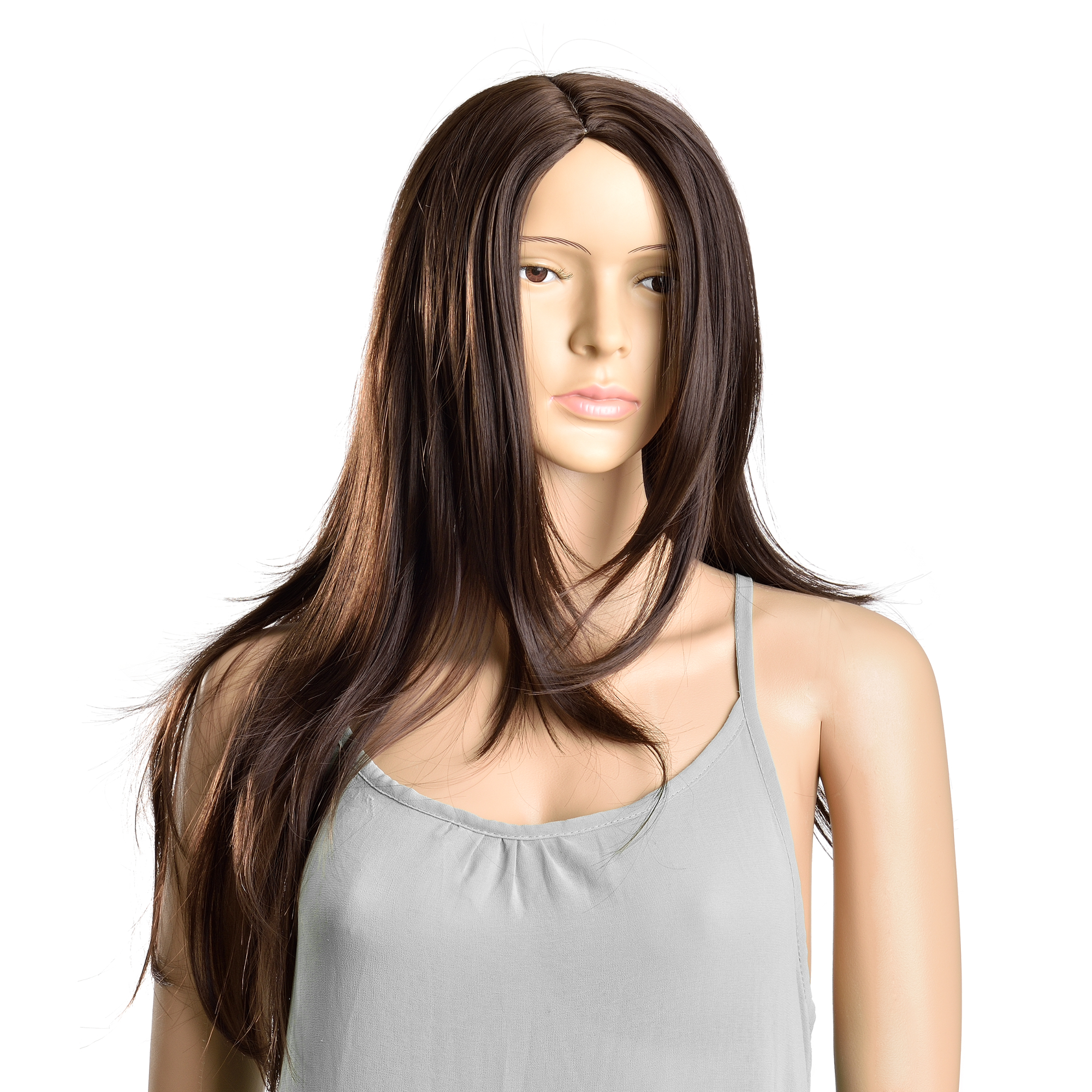 Perucă lungă dreaptă maro 61 cm cu păr sintetic, aspect natural