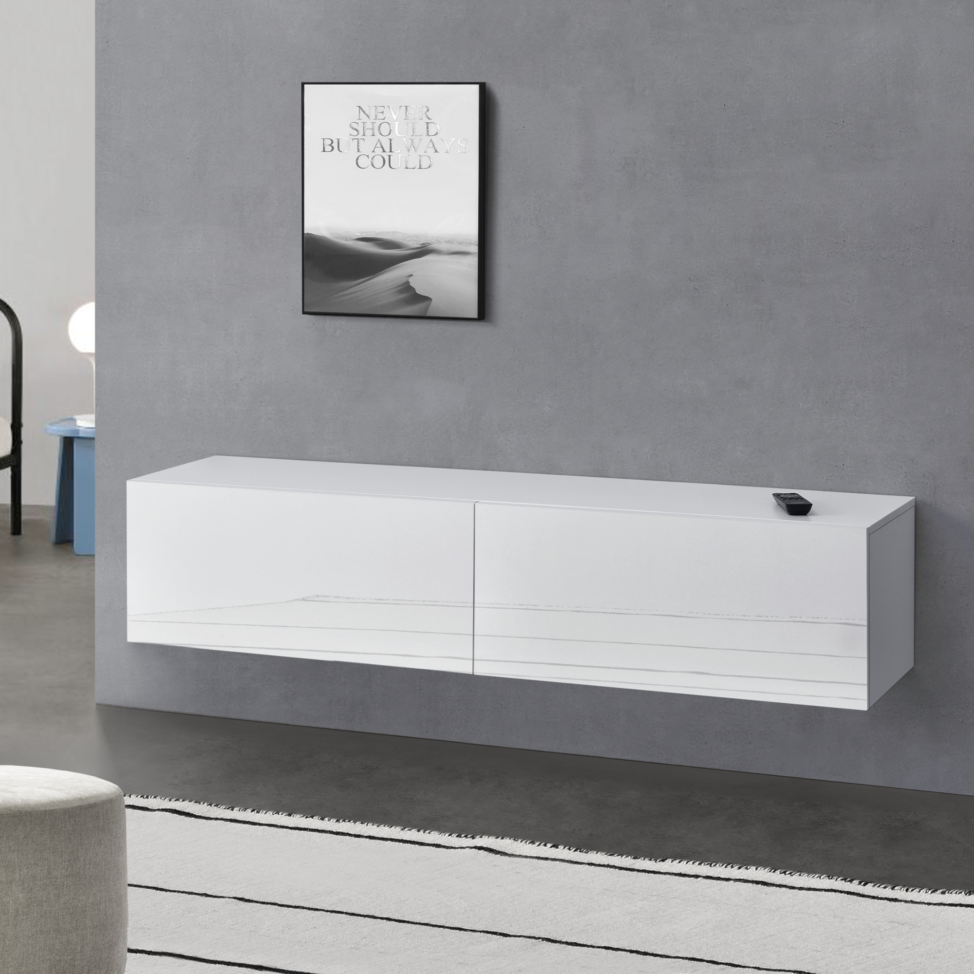 Comodă TV suspendată Evaton 140x33x30 cm, alb lucios, 2 uși