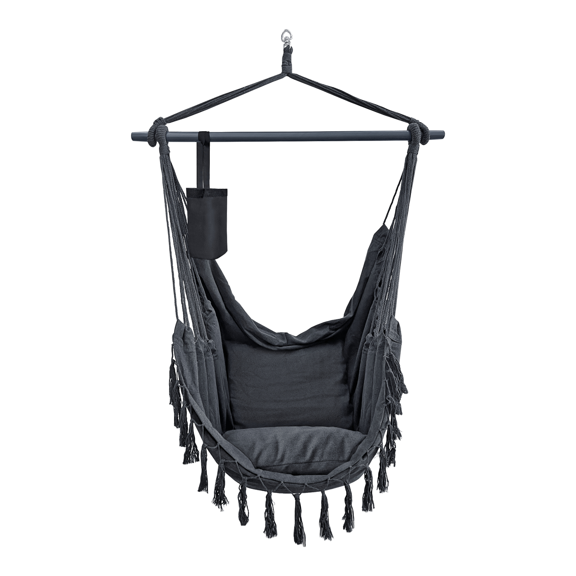 Scaun suspendat Aranga gri inchis cu 2 perne, suport pahar, 120 kg