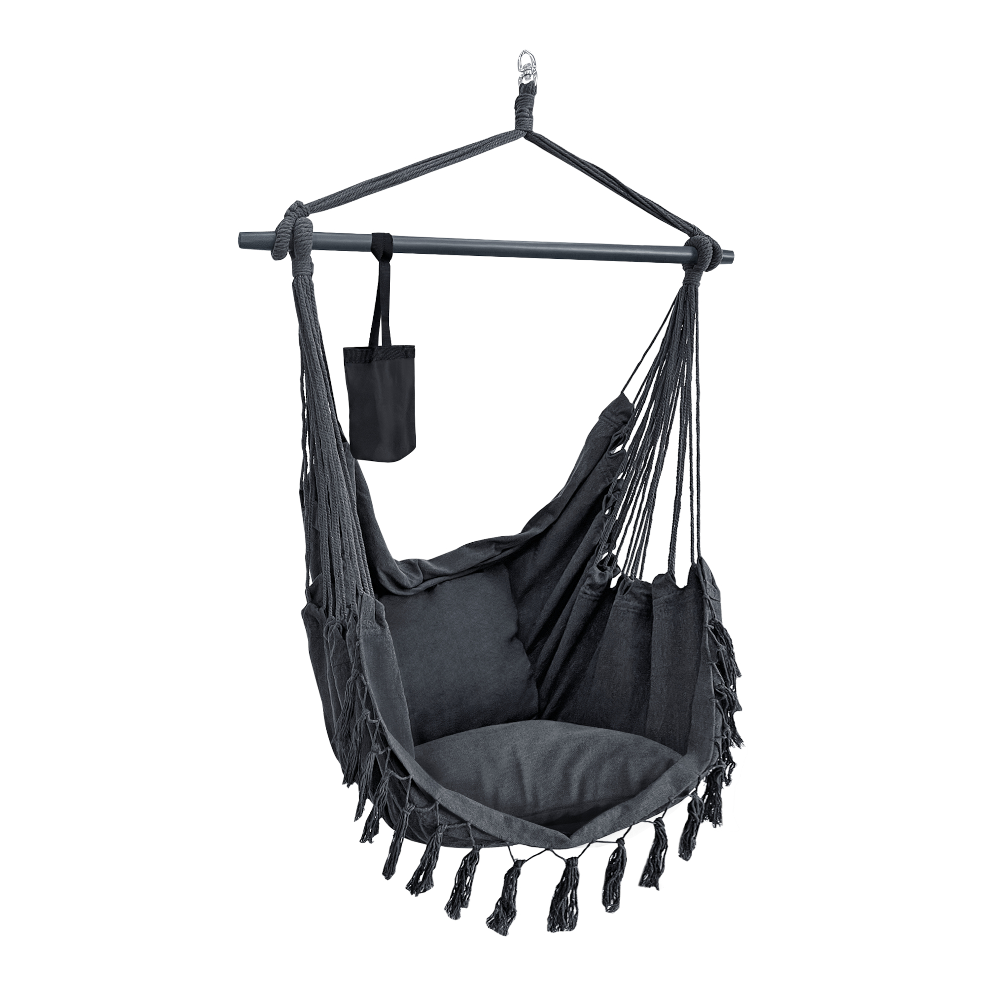 Scaun suspendat Aranga gri inchis cu 2 perne, suport pahar, 120 kg