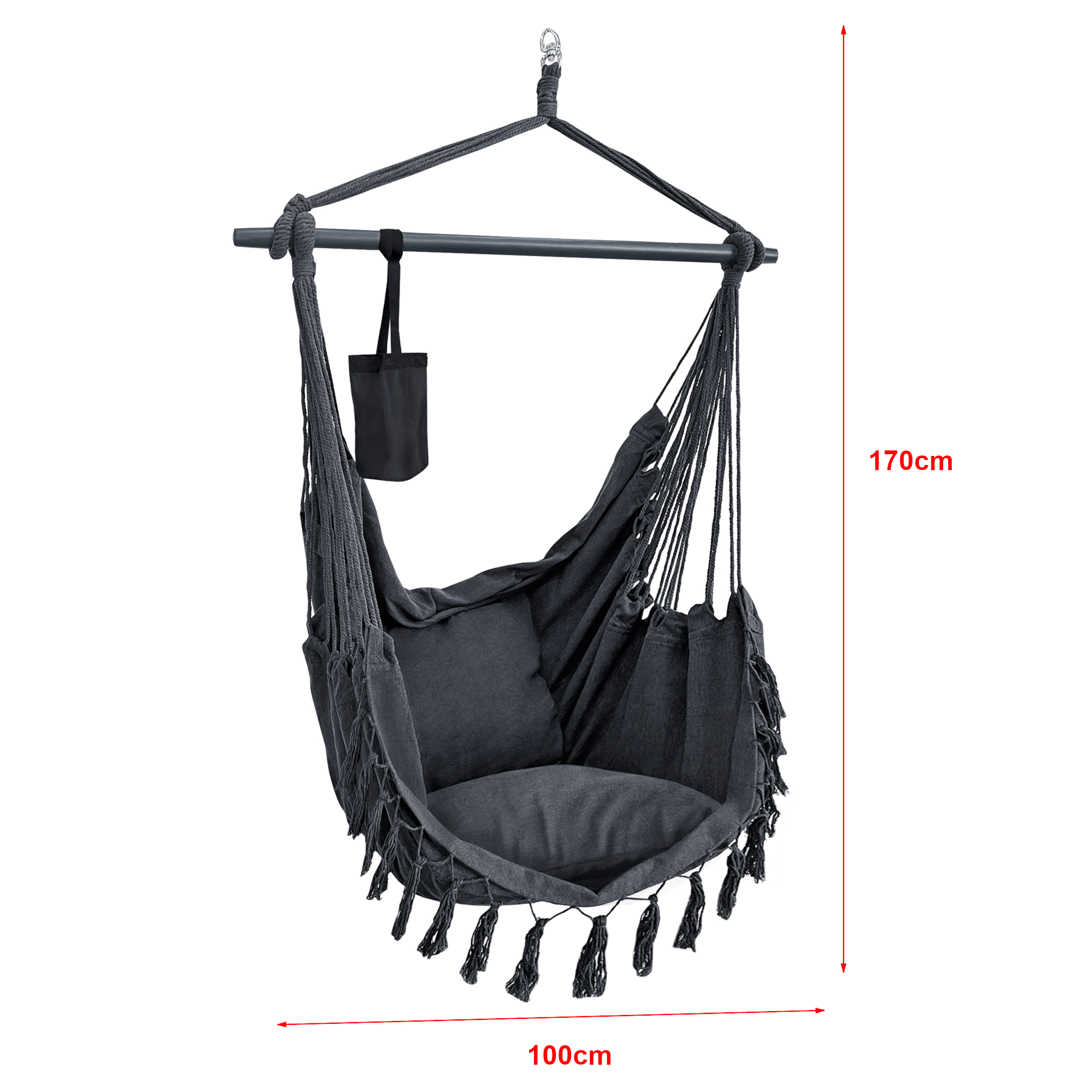 Scaun suspendat Aranga gri inchis cu 2 perne, suport pahar, 120 kg