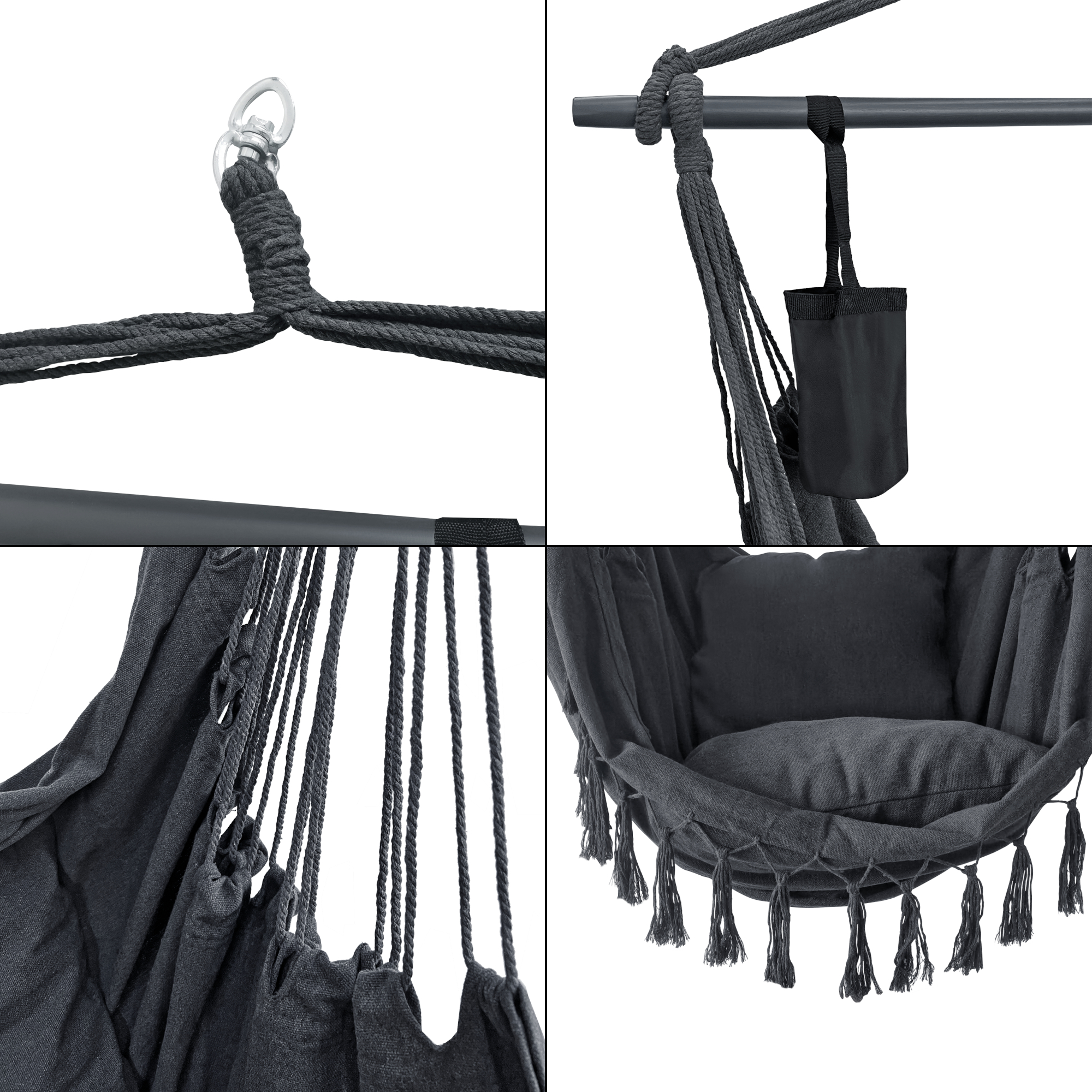 Scaun suspendat Aranga gri inchis cu 2 perne, suport pahar, 120 kg