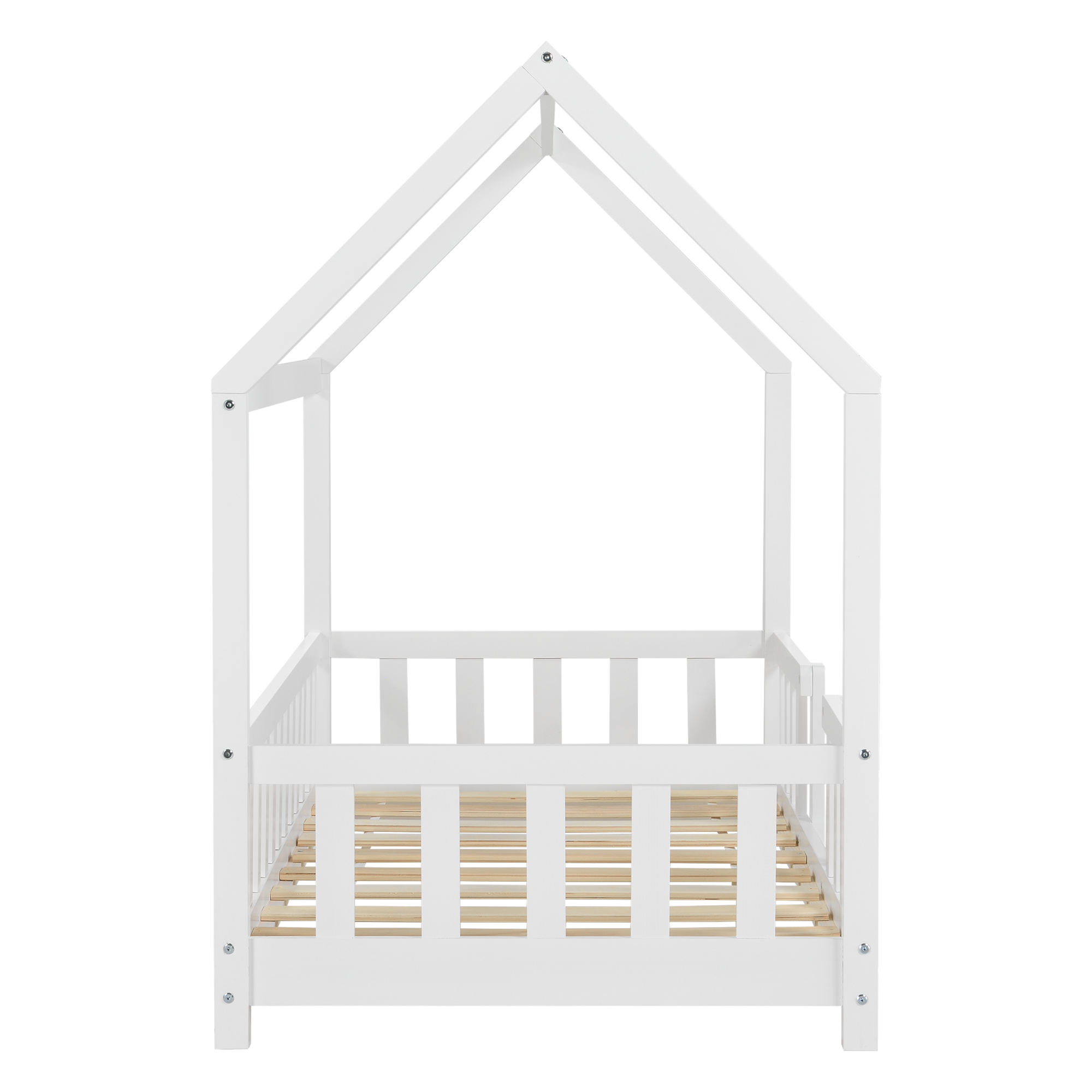 Pat casă pentru copii 80x160 cm alb din lemn de pin, cu protecție