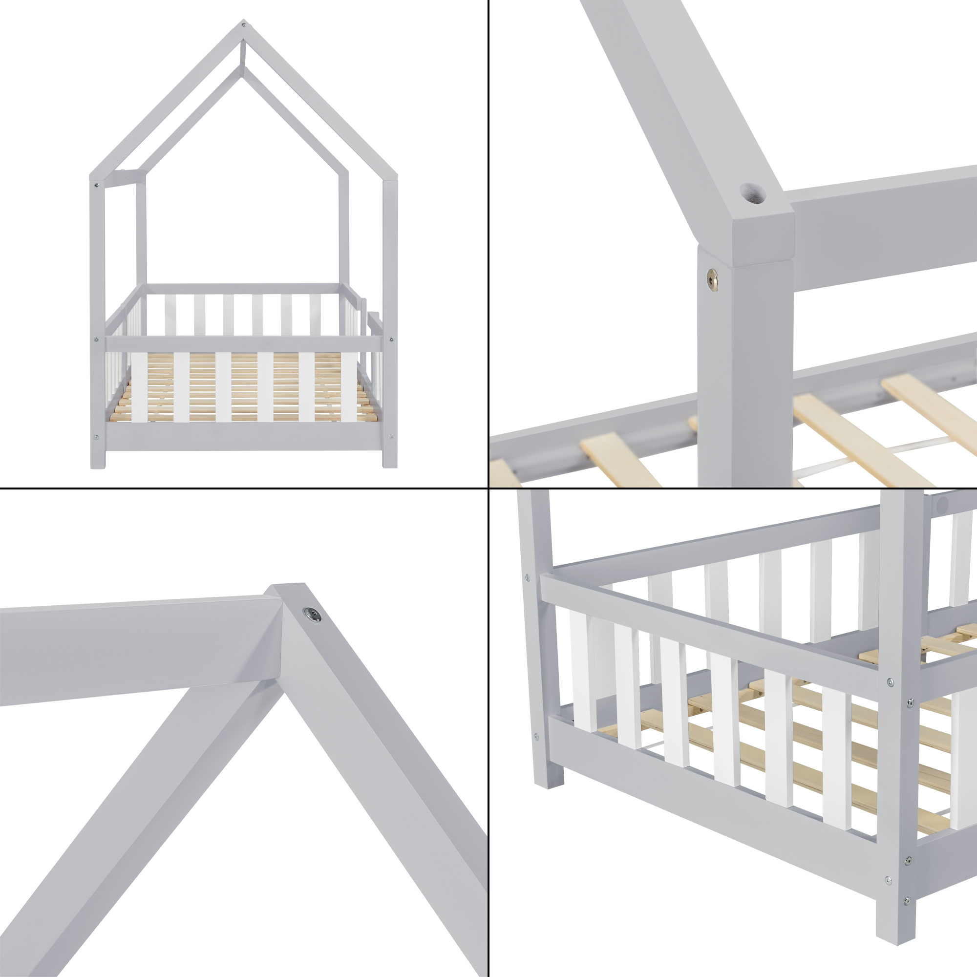 Pat copii tip căsuță Sisimiut 90x200 cm, gri deschis/alb