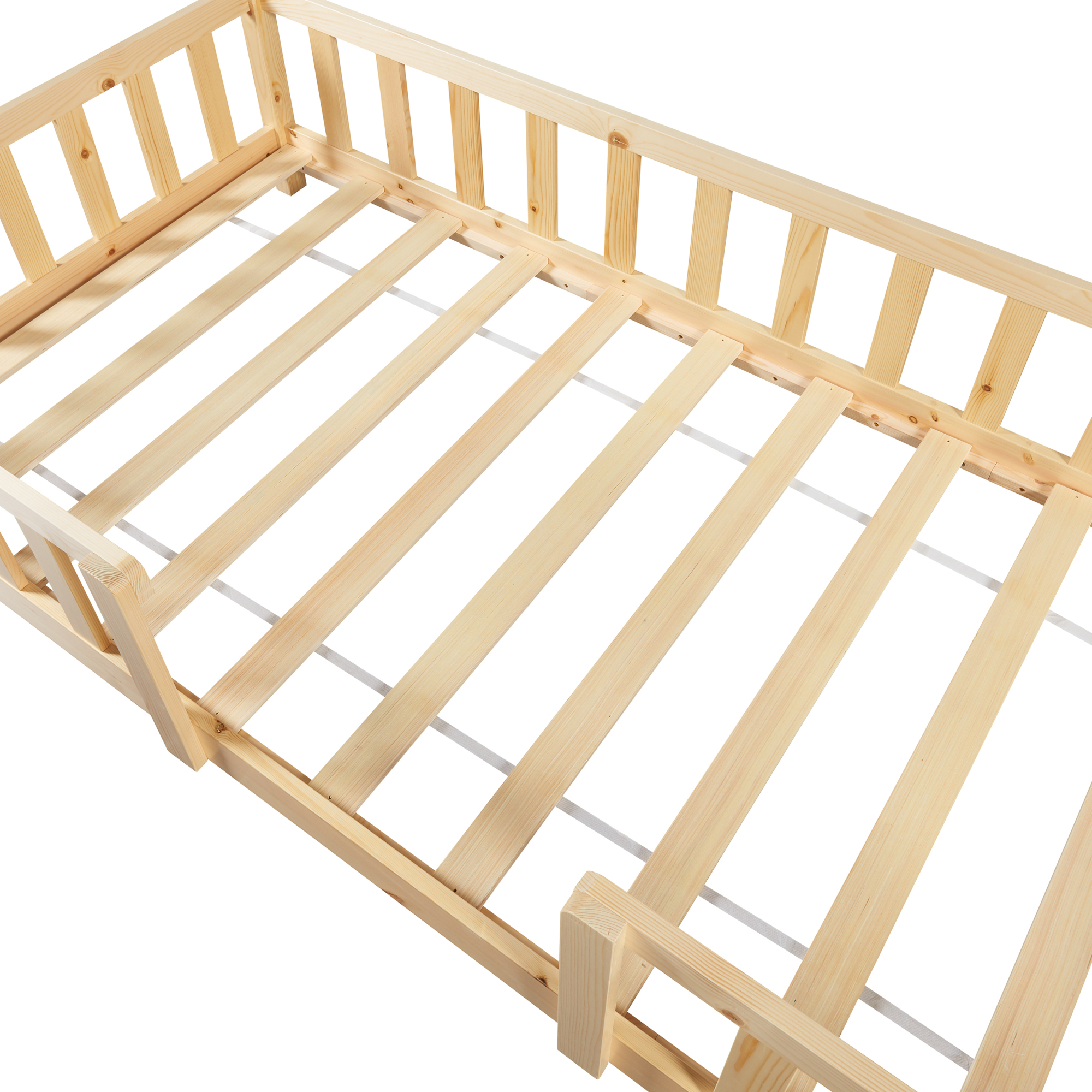 Pat copii tip căsuță 90x200 cm din lemn natur, cu protecție