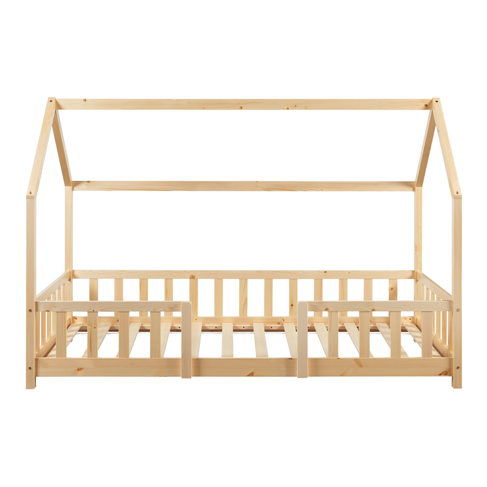 Pat copii tip căsuță 90x200 cm din lemn natur, cu protecție