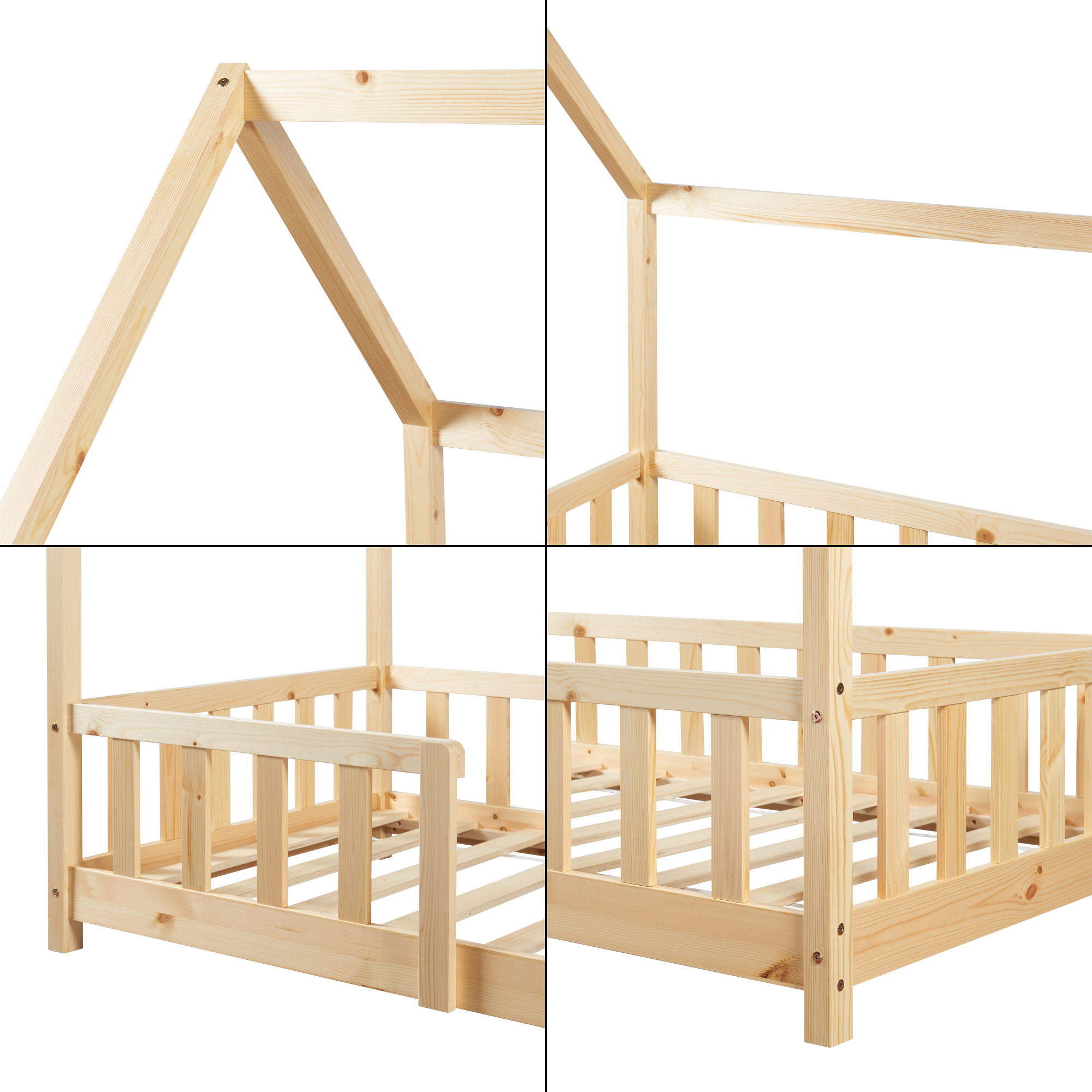 Pat copii tip căsuță 90x200 cm din lemn natur, cu protecție