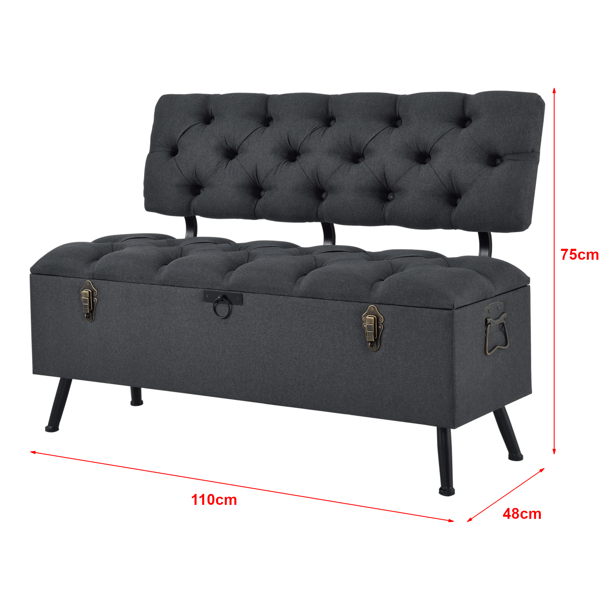 Banchetă tapițată cu spațiu de depozitare și spătar, gri închis, 110 cm