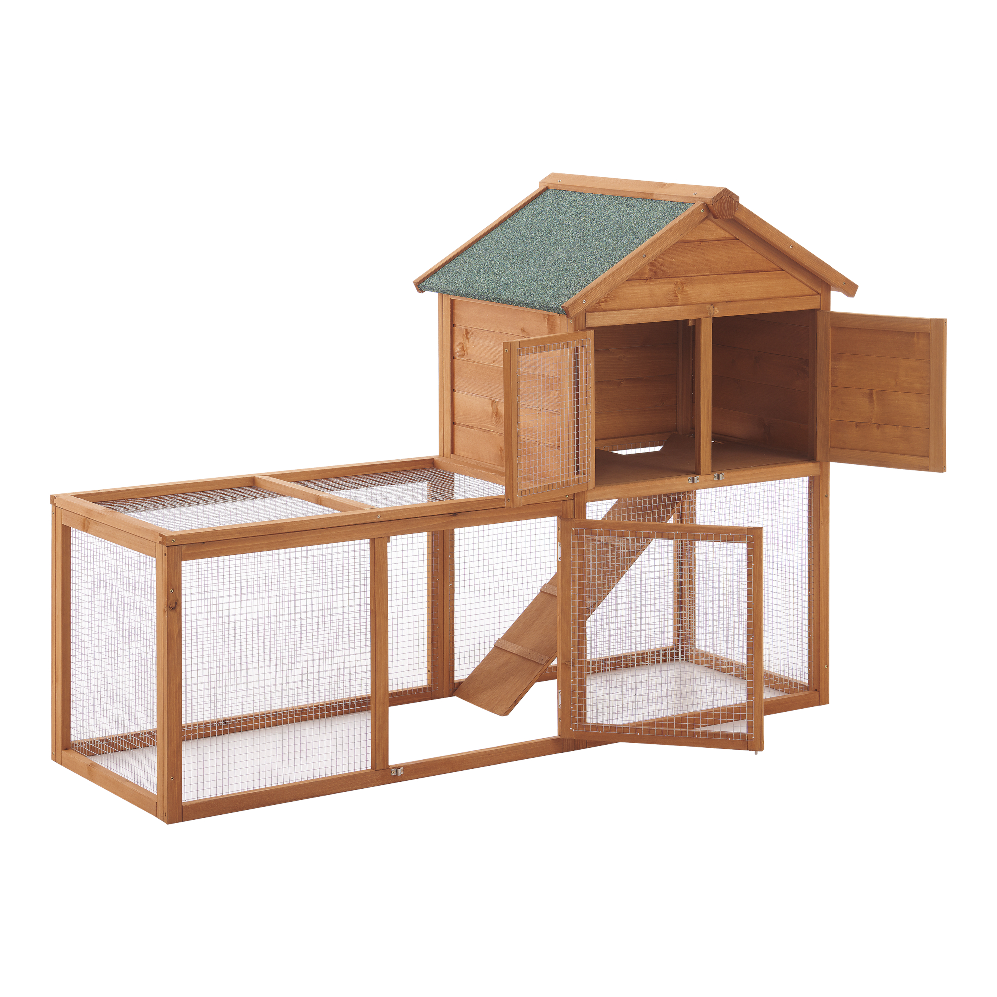 Coteț pentru iepuri Kelkheim cu țarc și rampă, lemn de brad, 160 cm