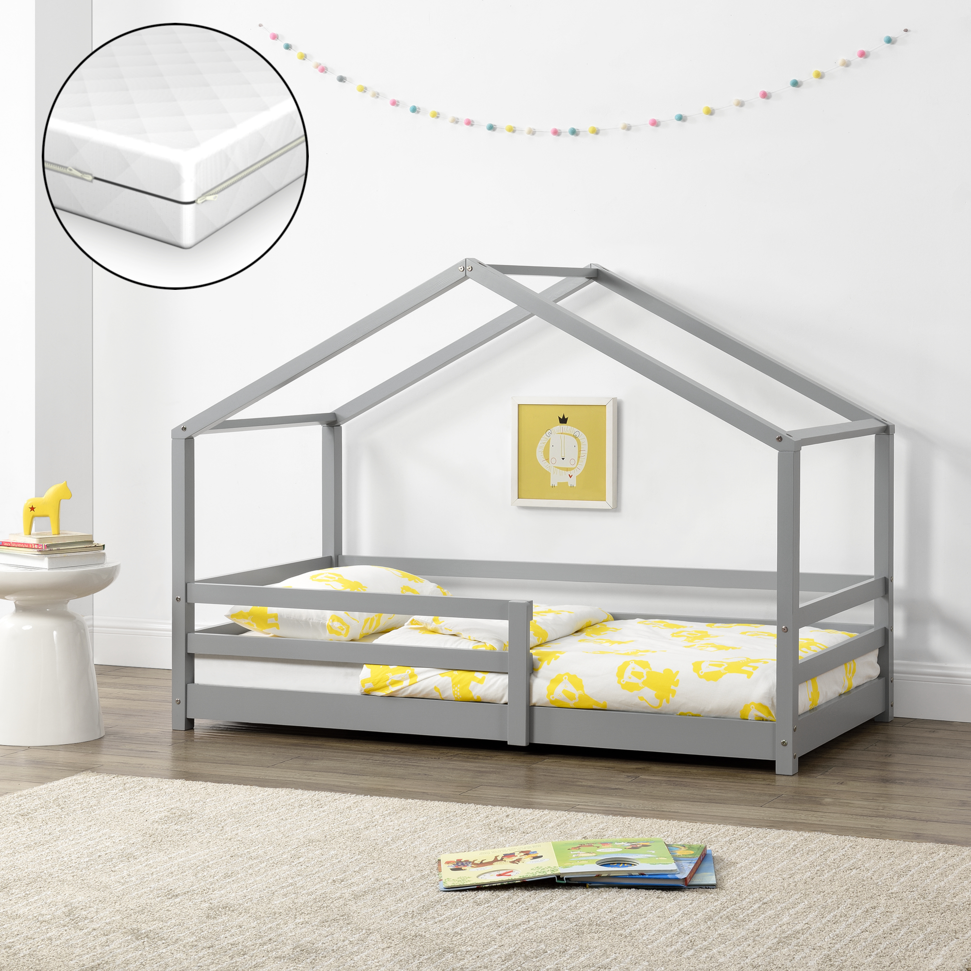 Pat copii tip căsuță 70x140 cm gri cu protecție și saltea