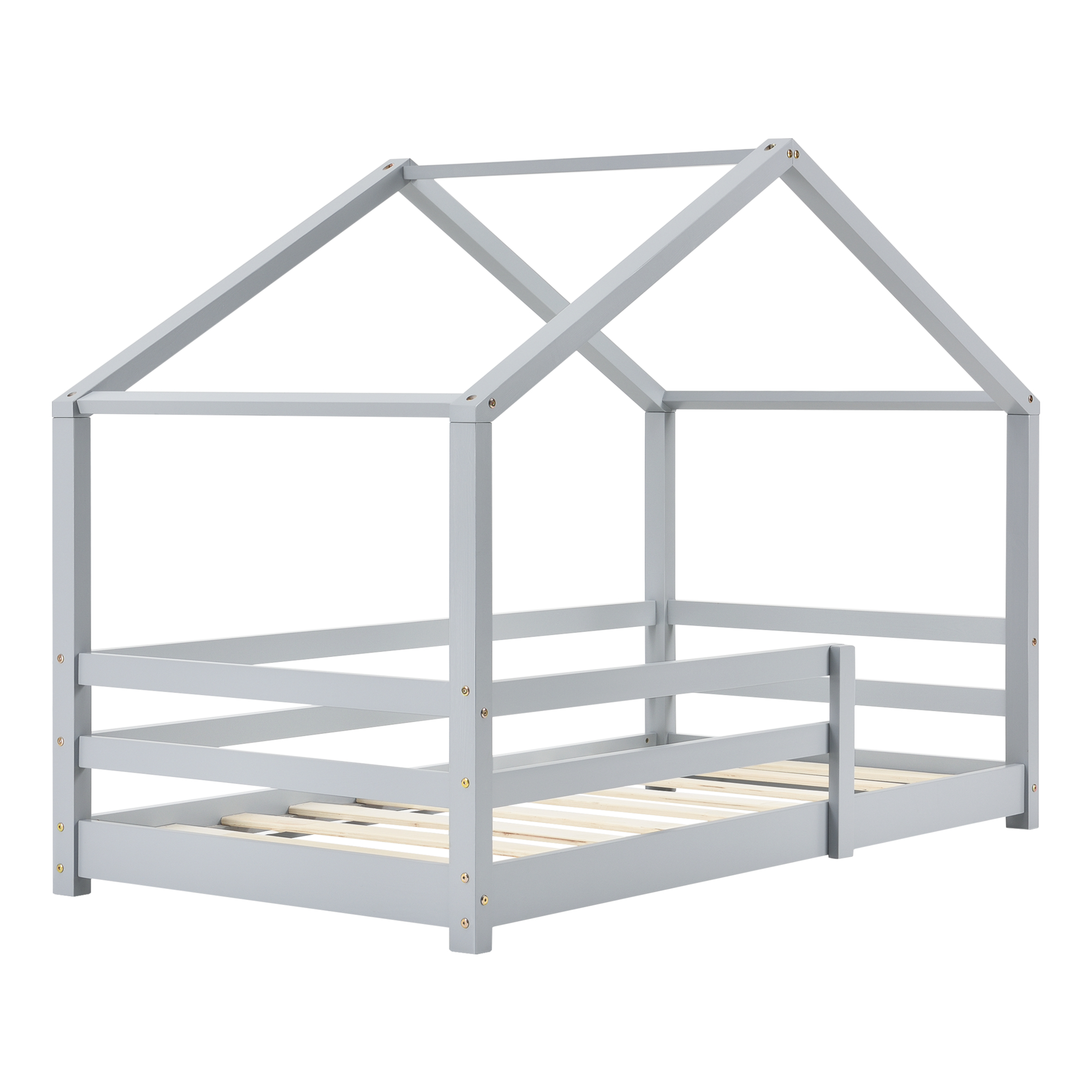 Pat copii tip căsuță 70x140 cm gri cu protecție și saltea