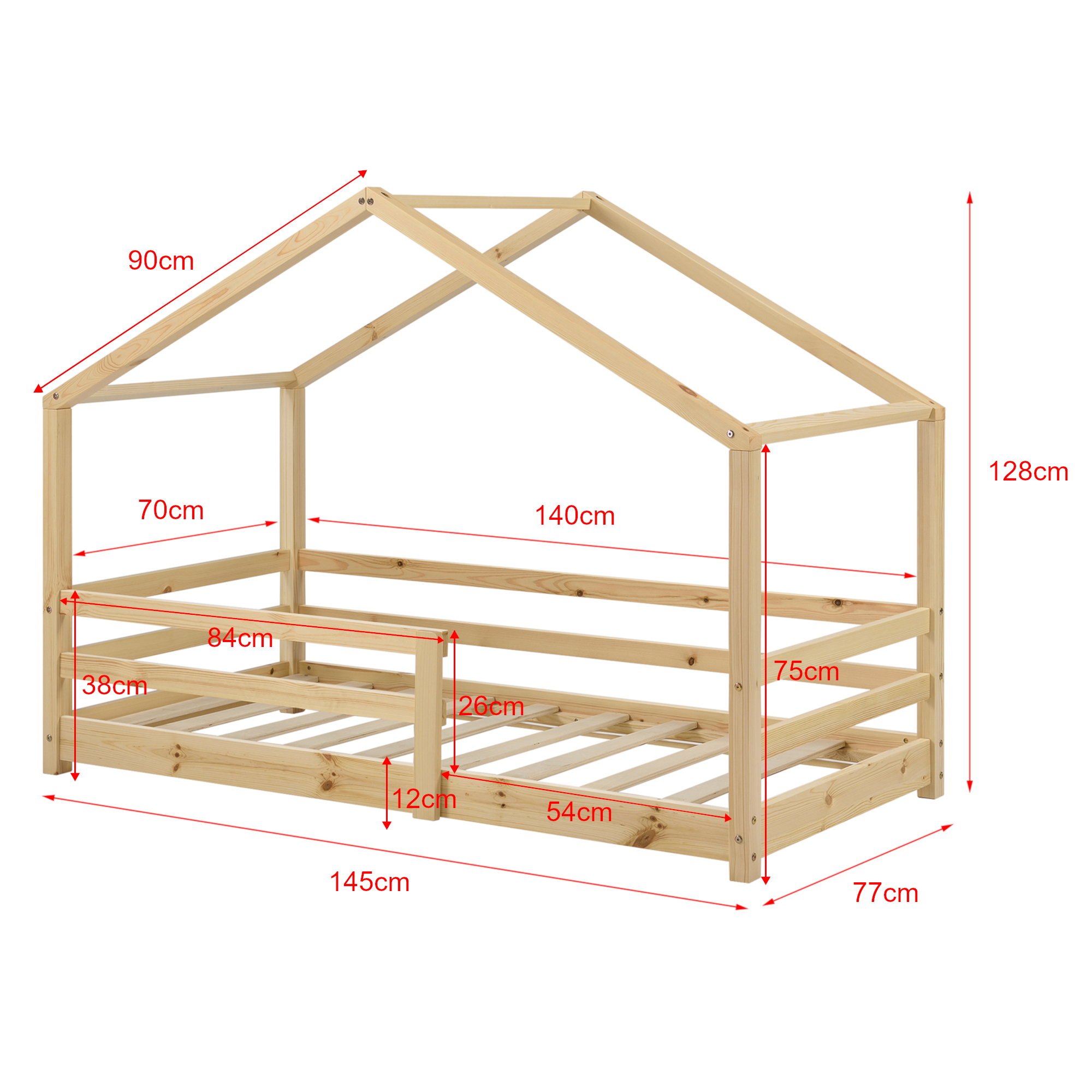 Pat copii tip căsuță 70x140 cm cu protecție, somieră și saltea