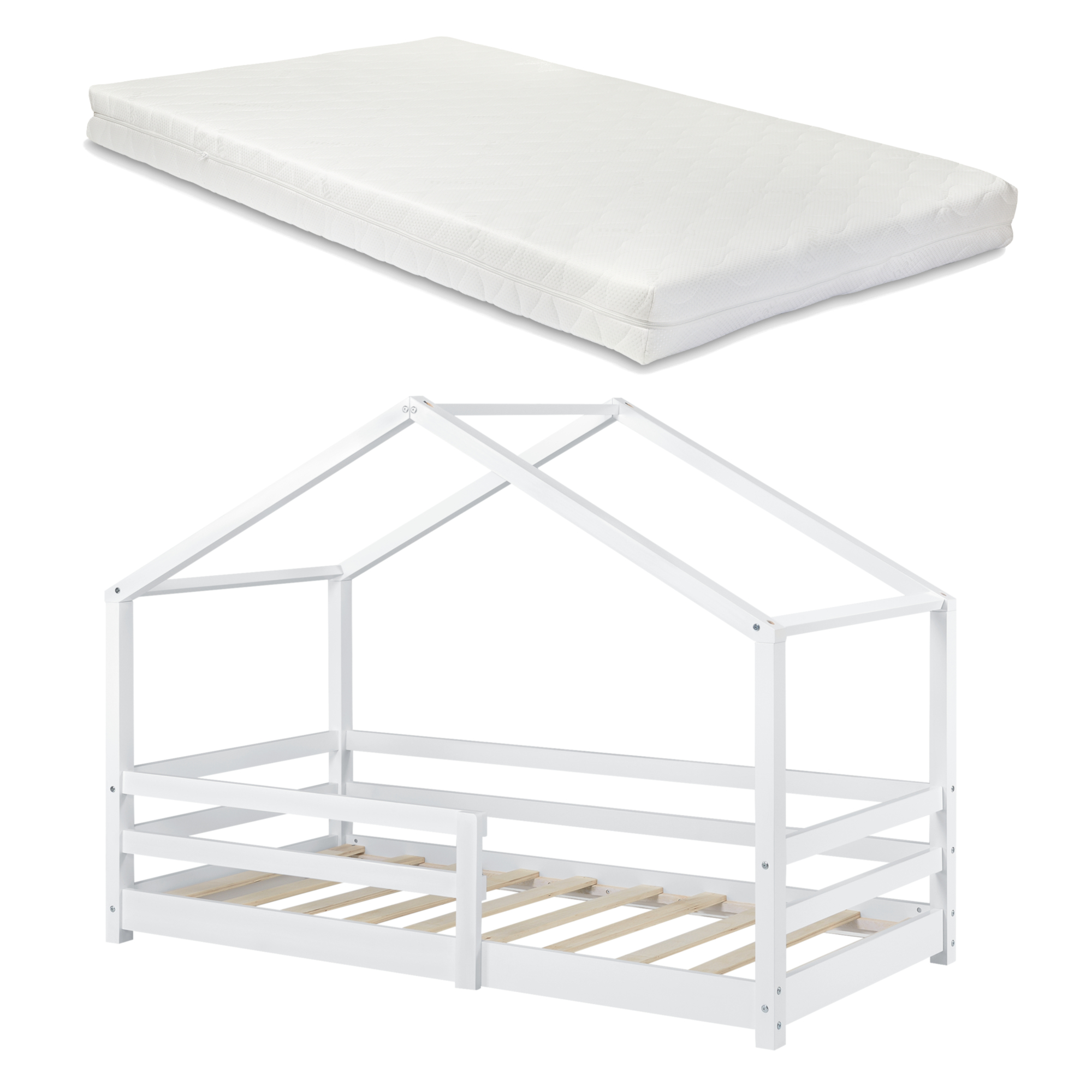 Pat copii tip căsuță 90x200 cm cu protecție, somieră și saltea, alb