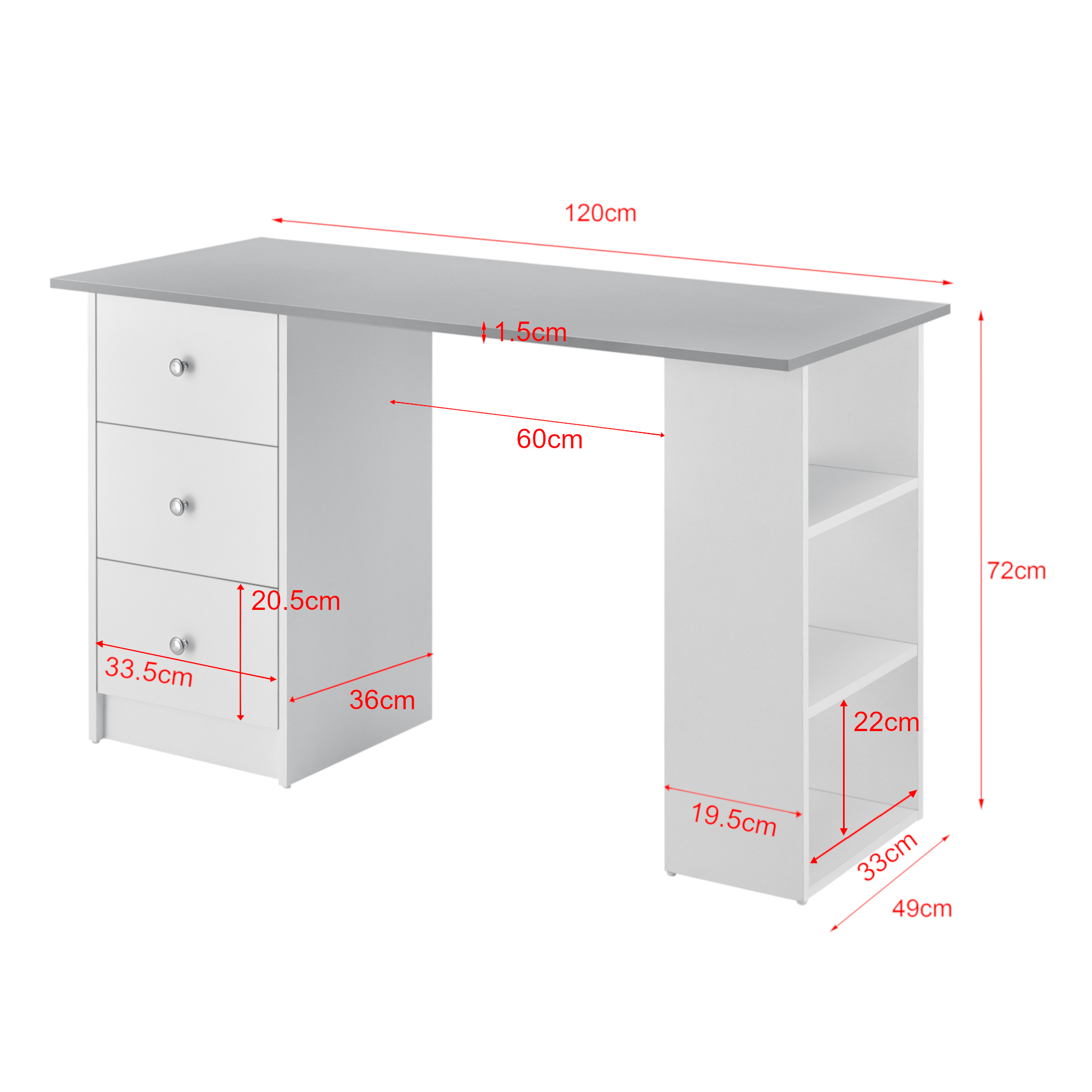 Birou Lemberg 120x50x72 cm cu 3 sertare si rafturi, alb/gri